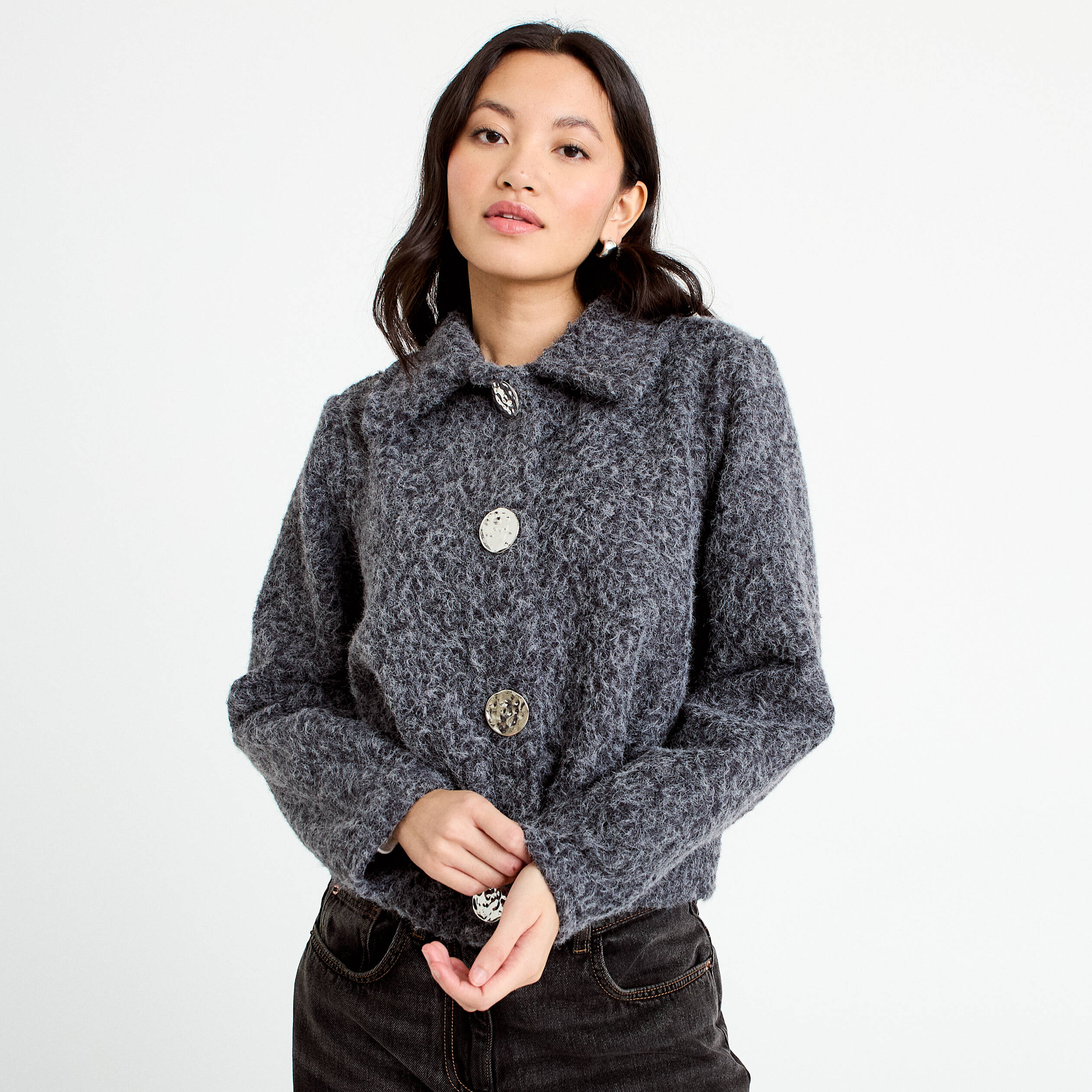 Veste manches longues col tailleur gris fonc&eacute; femme