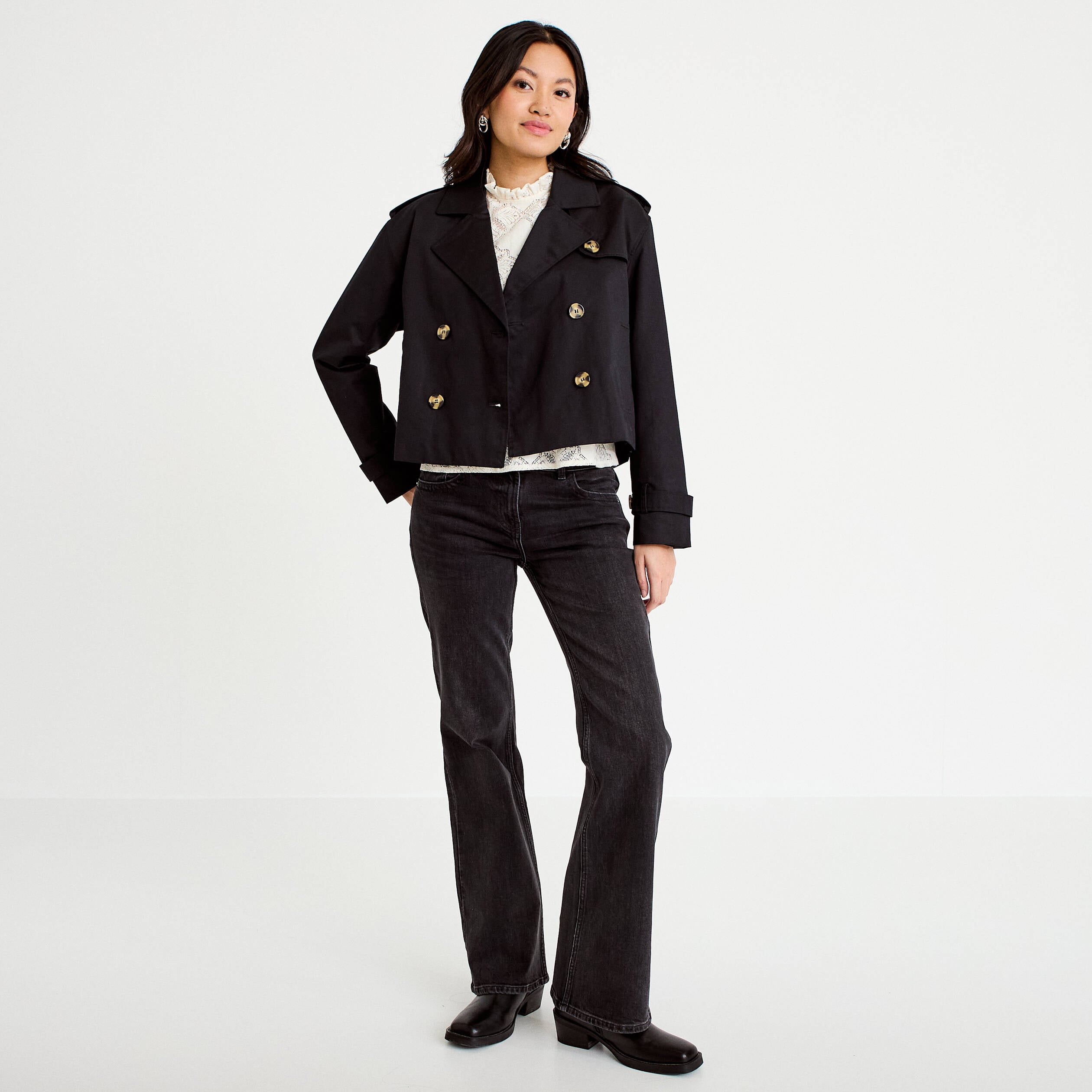 Trench droit court col tailleur noir femme