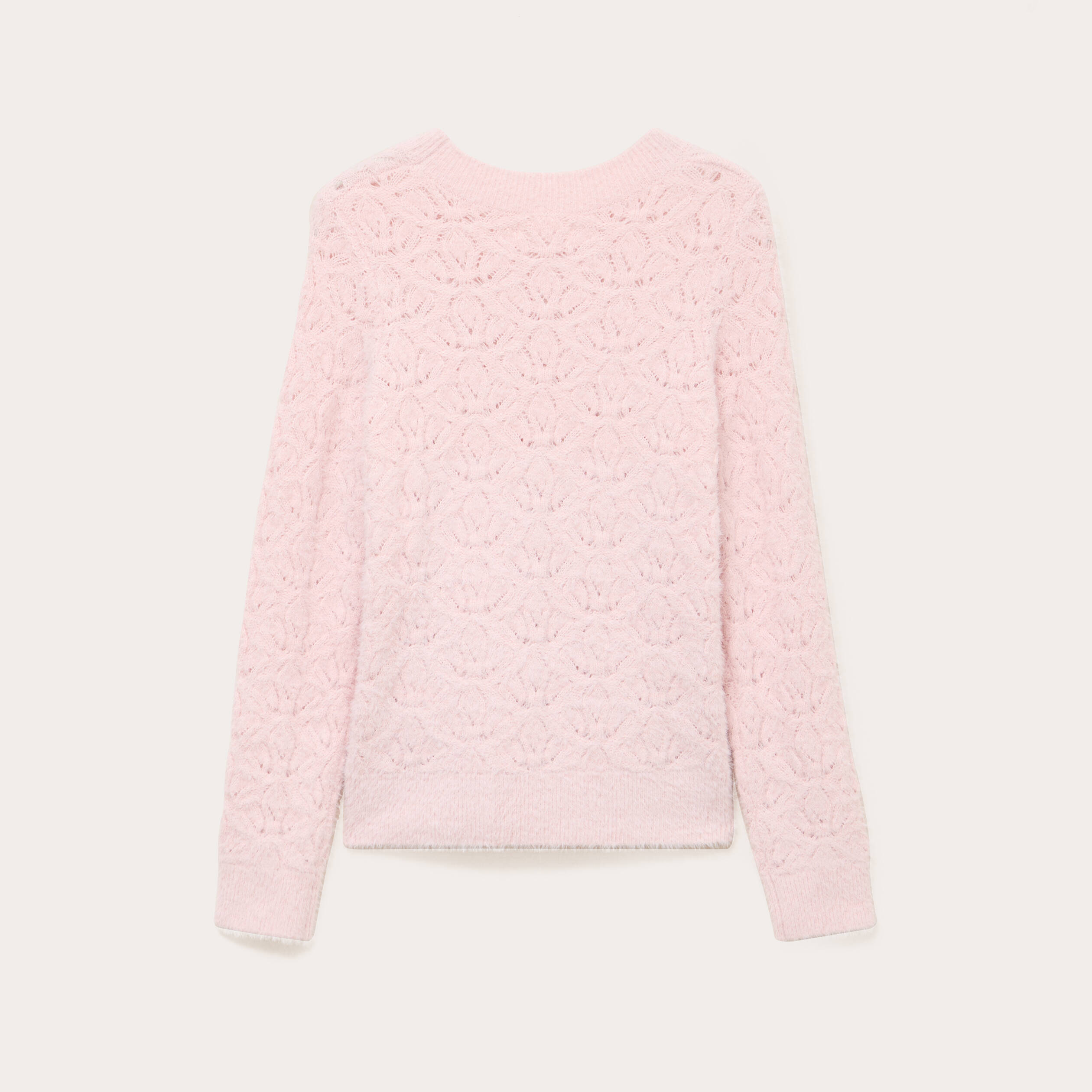 Pull ajour&eacute; col rond manches longues rose pastel femme
