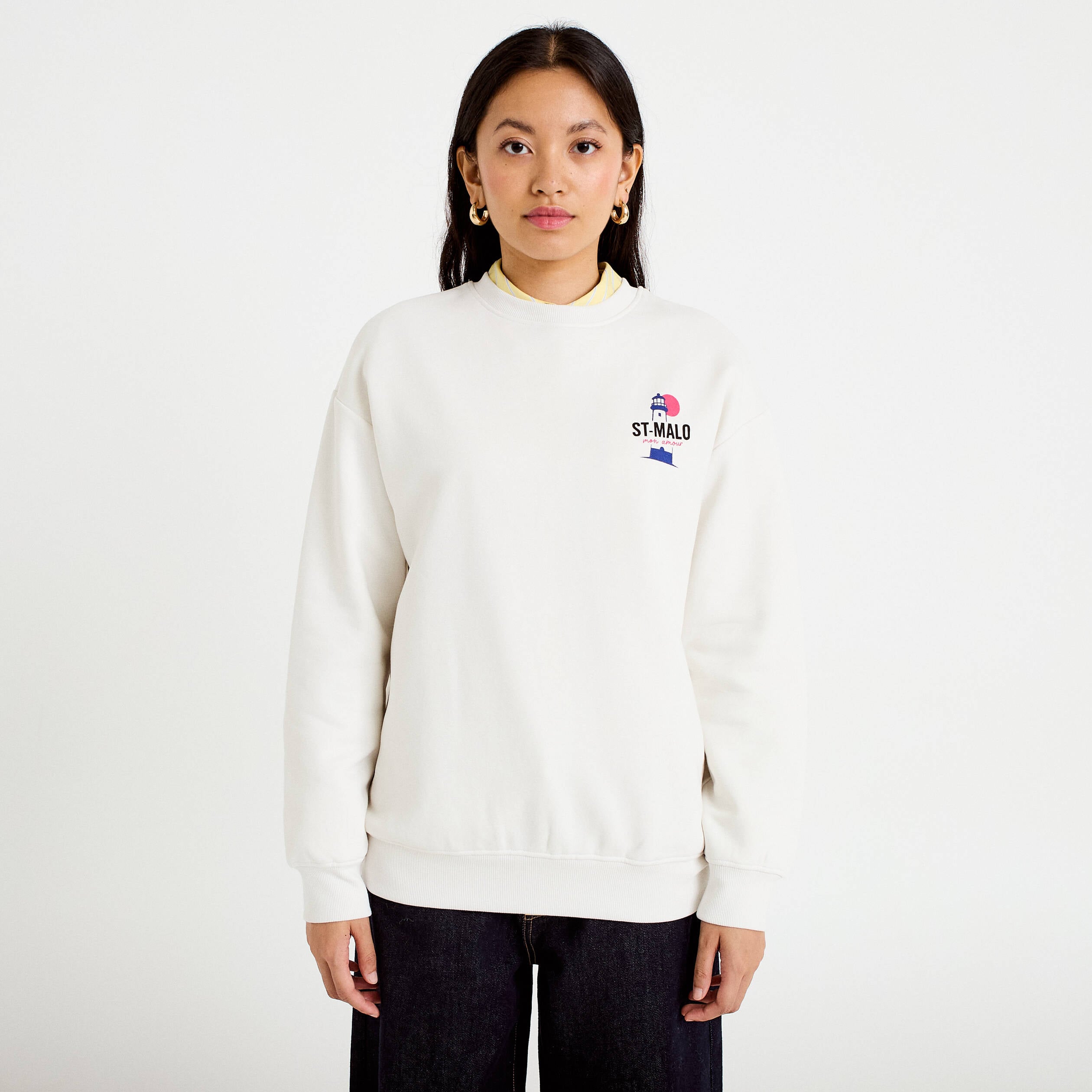 Sweat col rond manches longues ecru femme