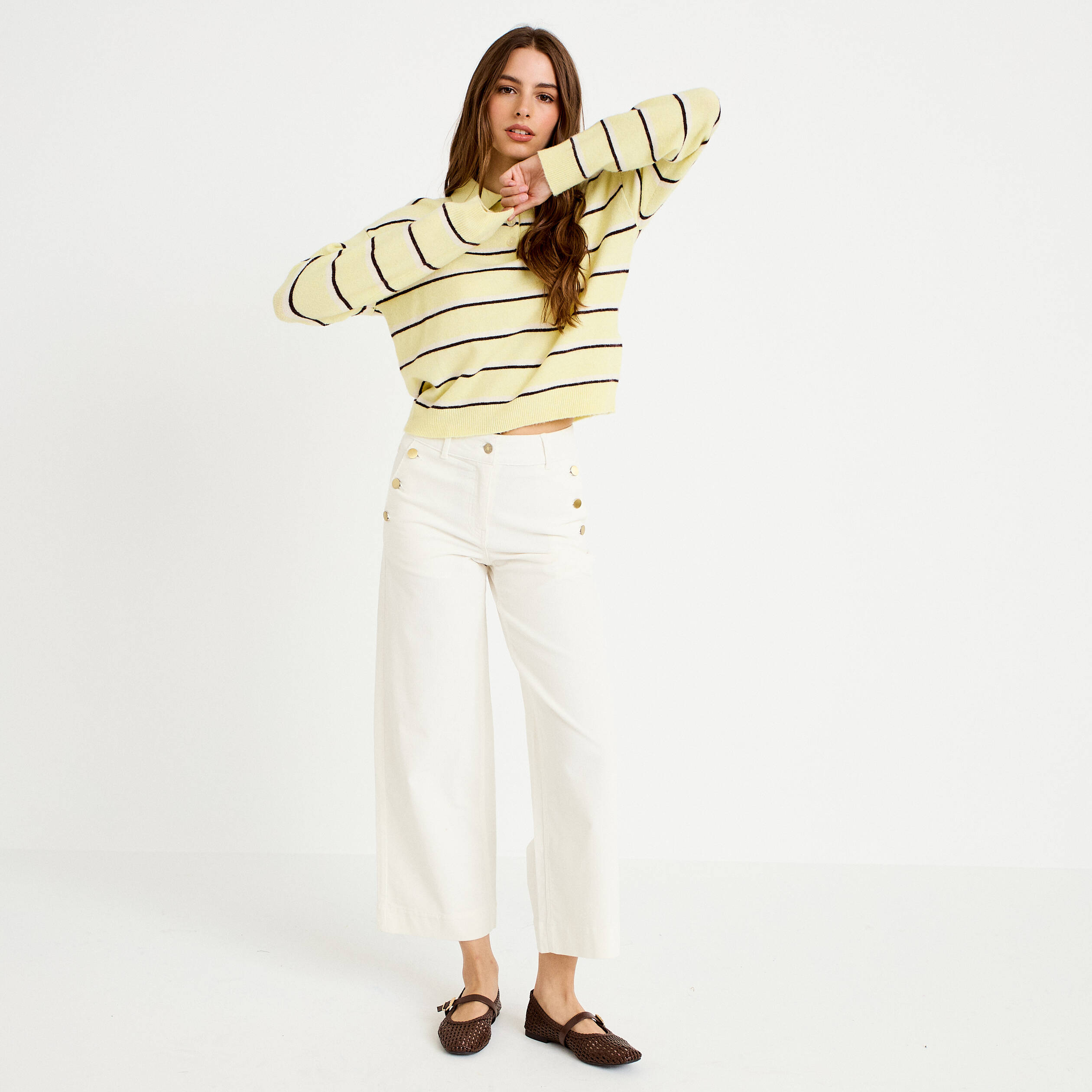 Pantalon bootcut taille haute velours ecru femme