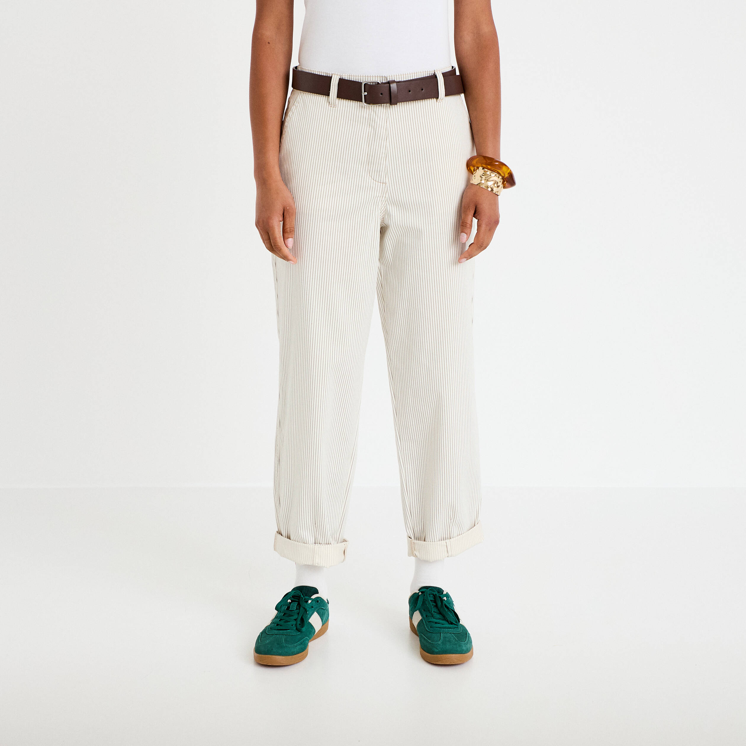 Pantalon chino 7/8&egrave;me taille &eacute;lastiqu&eacute;e blanc femme