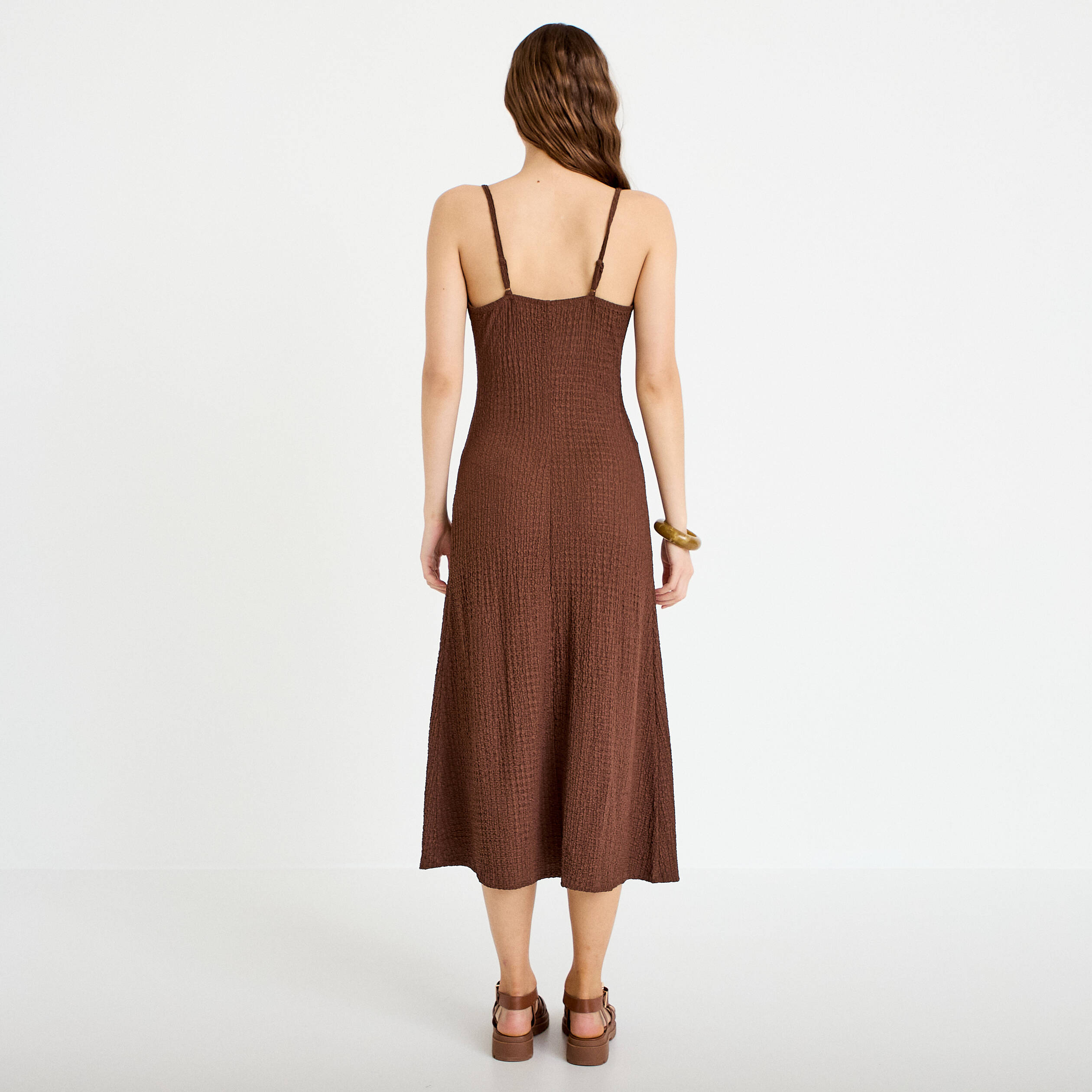 Robe longue droite en maille marron femme