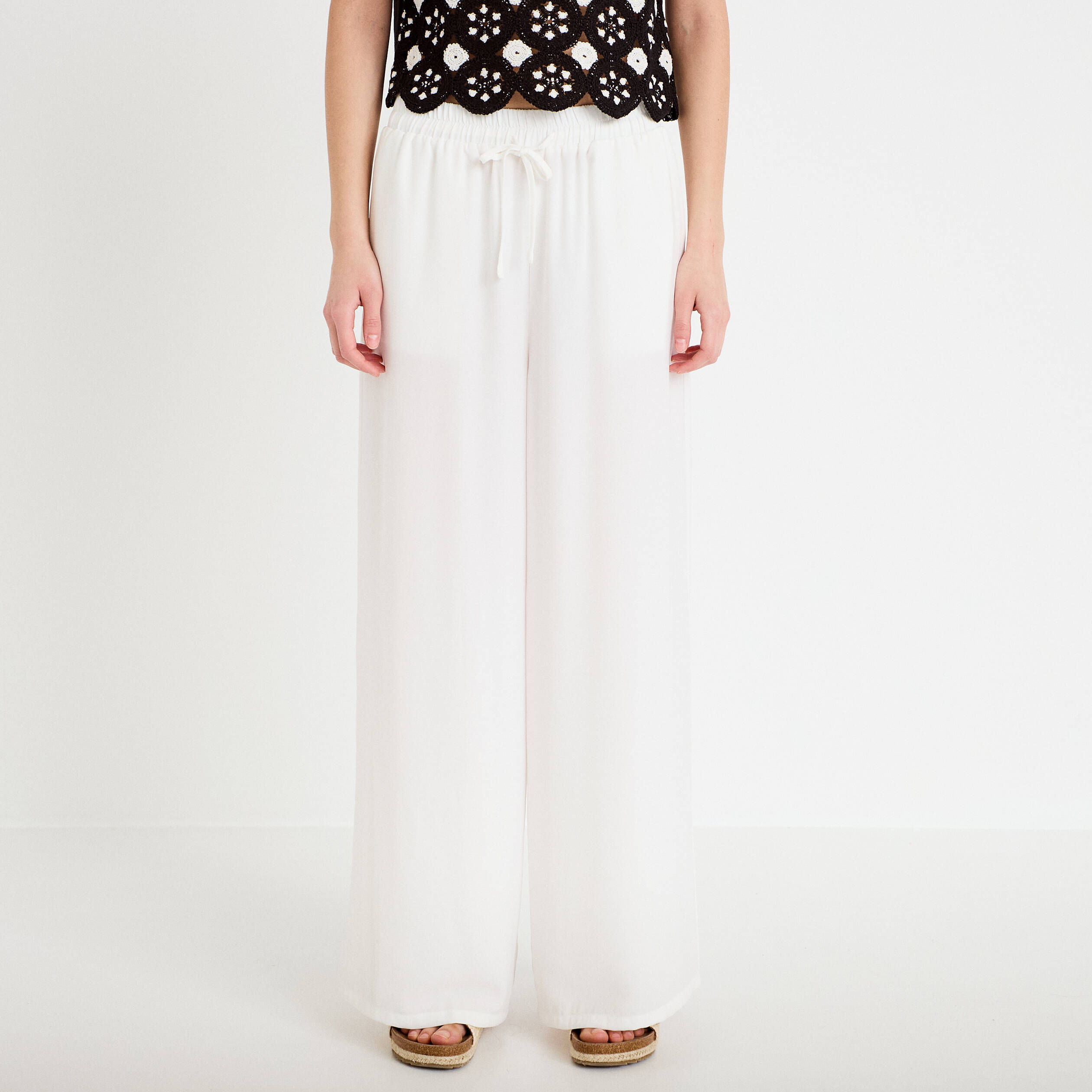 Pantalon large fluide ecru femme