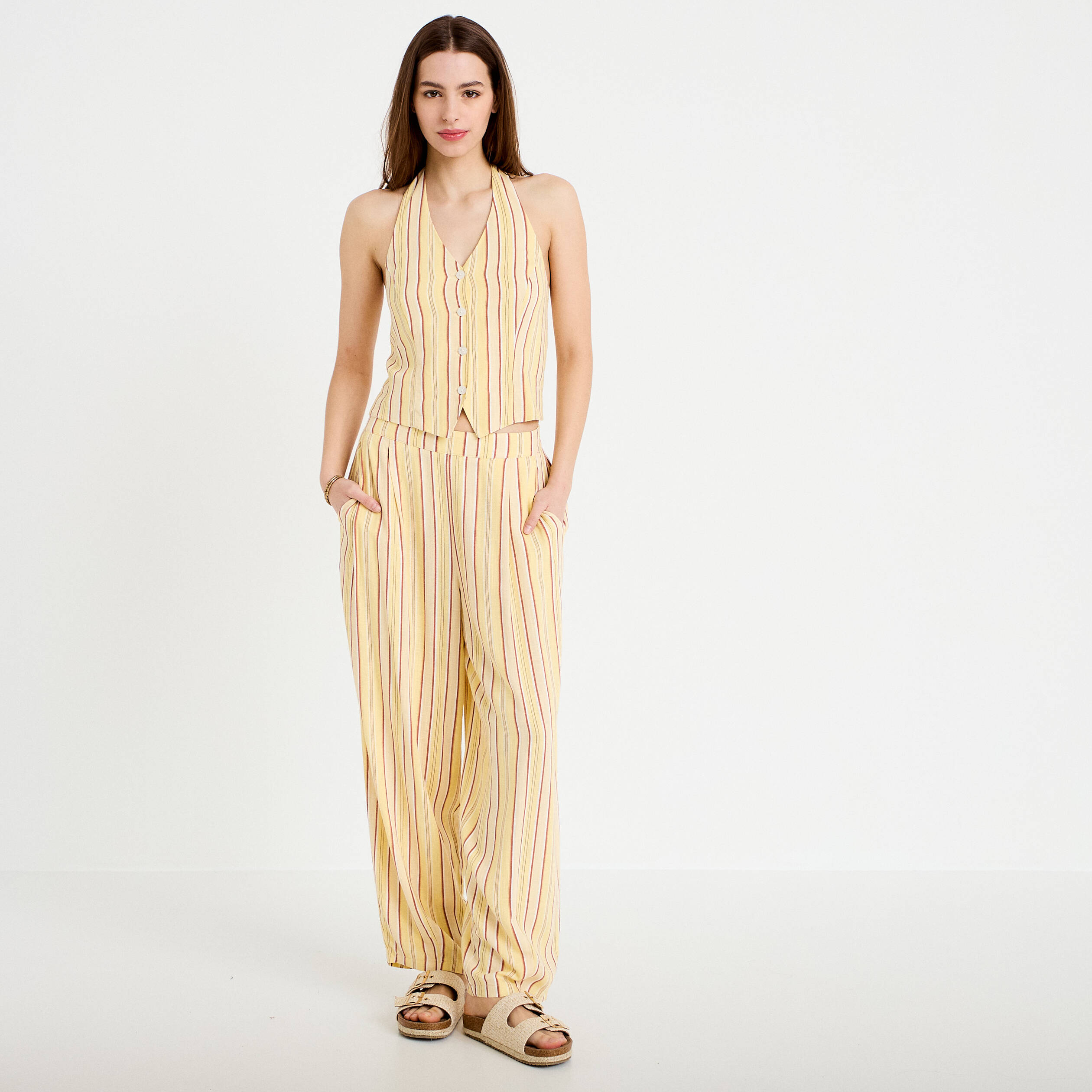 Pantalon large fluide jaune paille femme