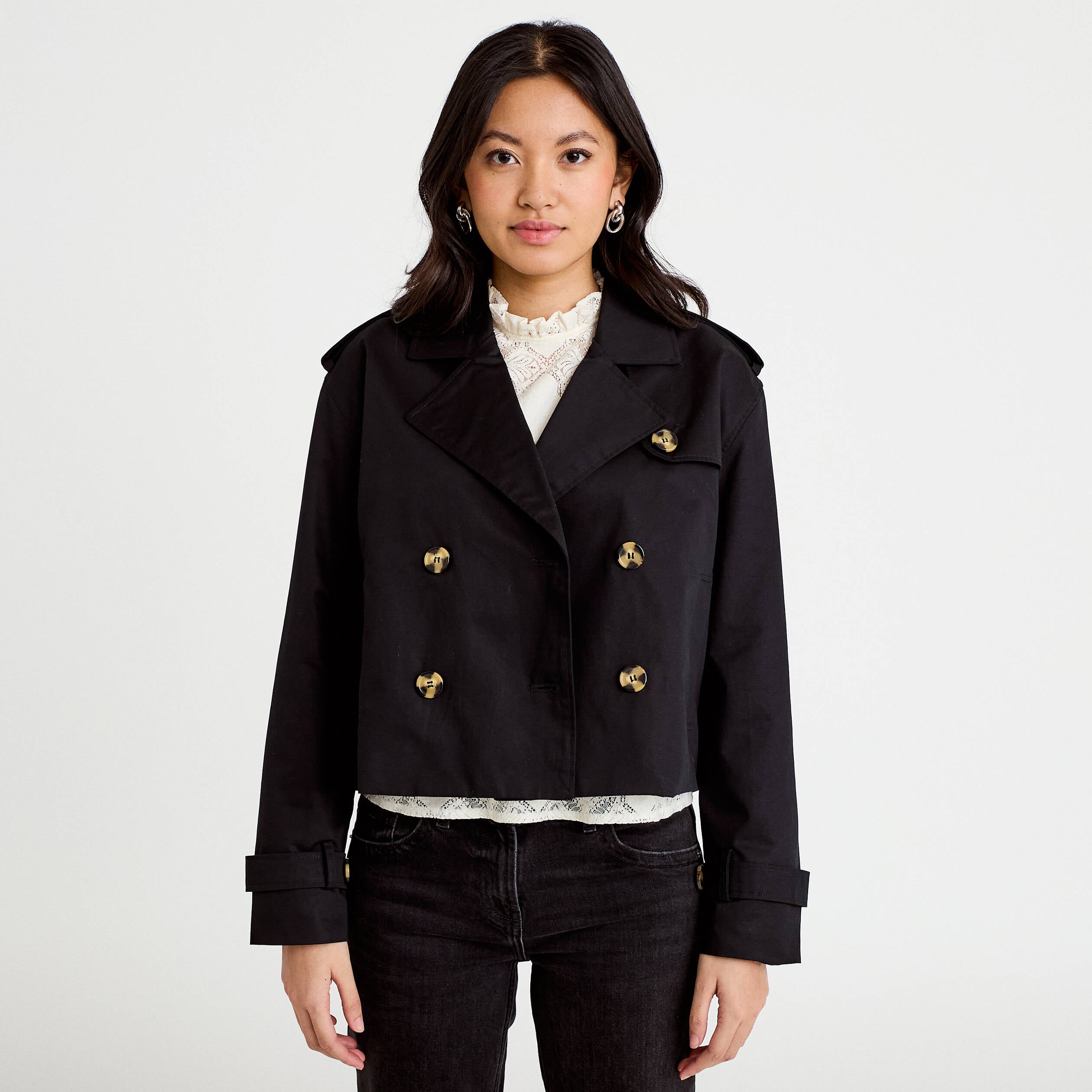 Trench droit court col tailleur noir femme