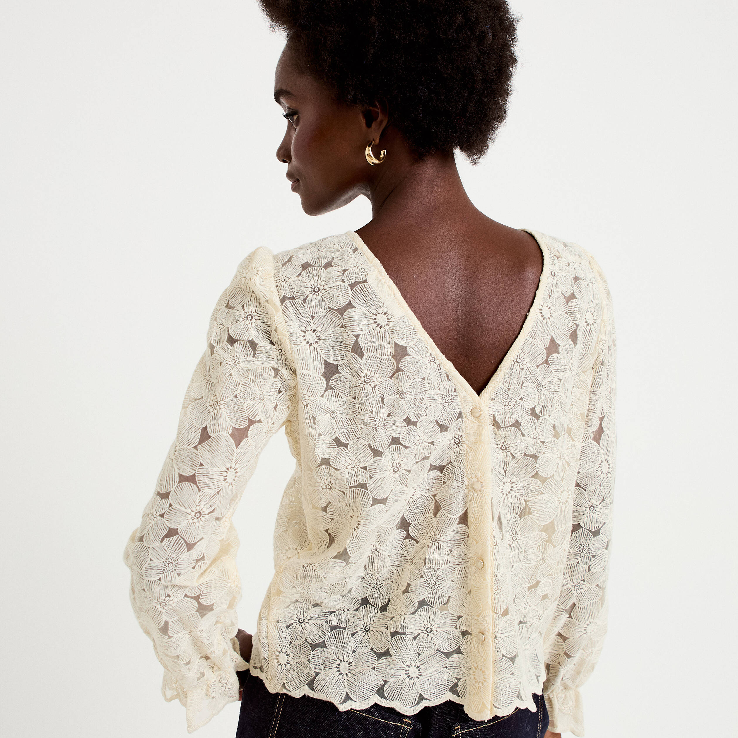 Blouse droite col v en dentelle ecru femme
