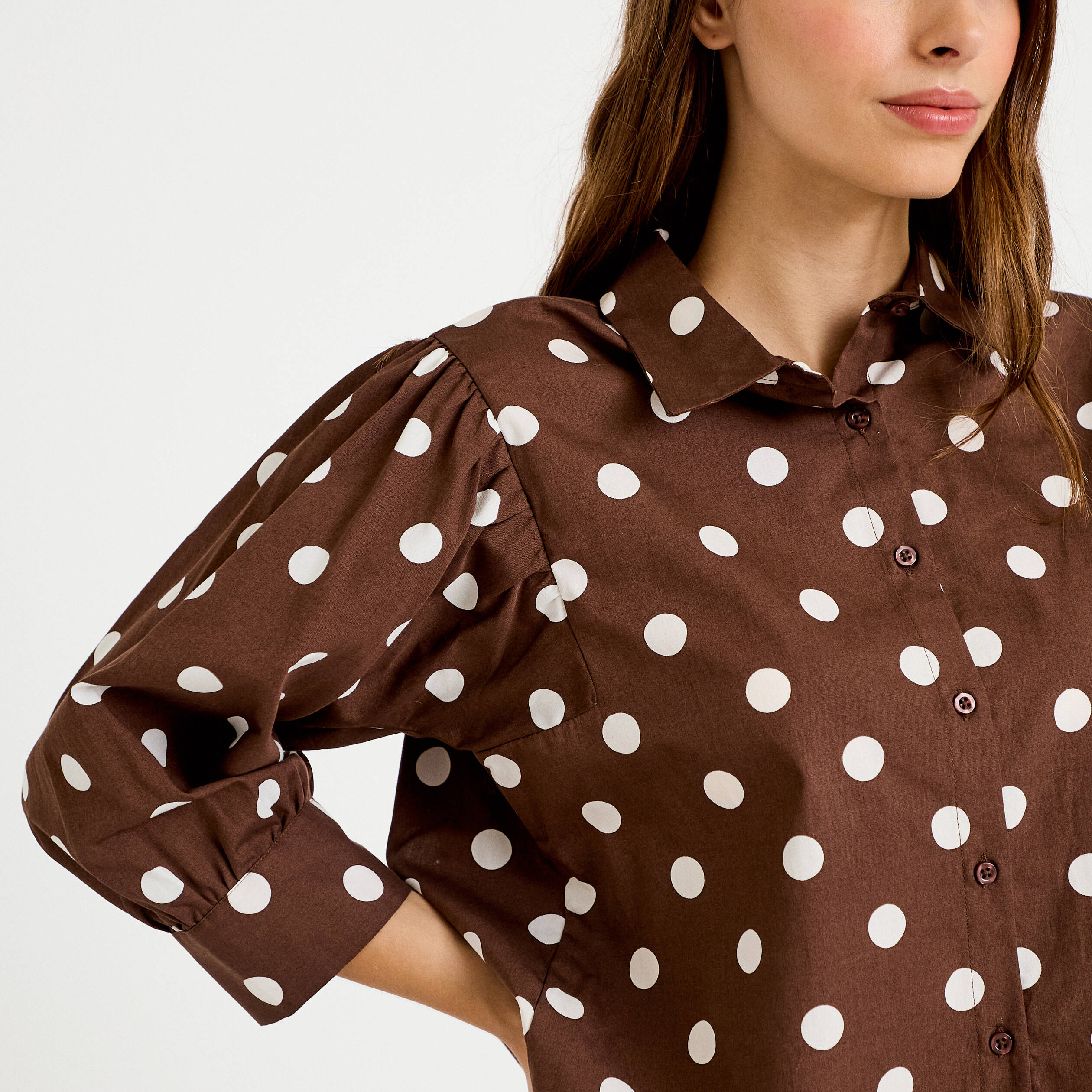 Chemise droite manches longues marron femme