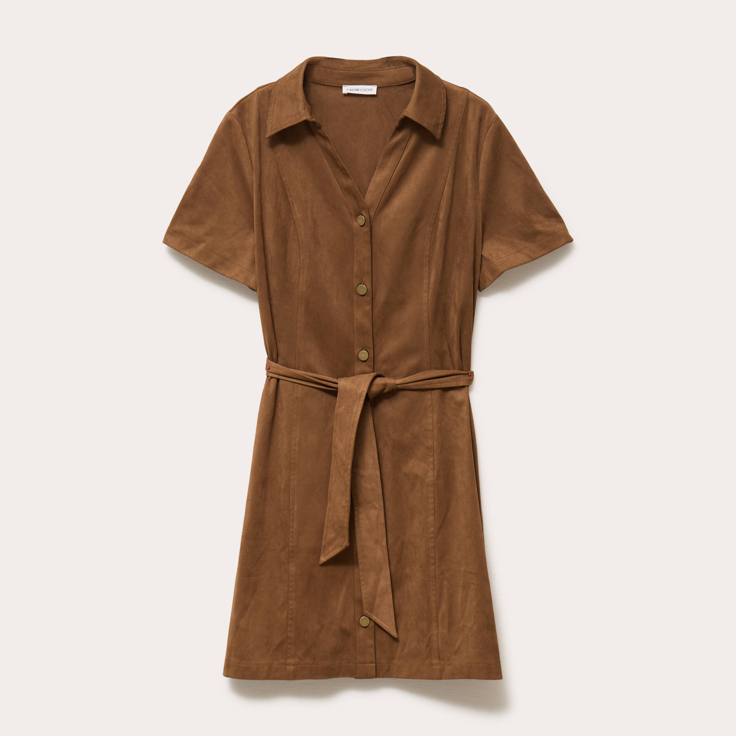 Robe boutonn&eacute;e aspect daim marron fonc&eacute; femme