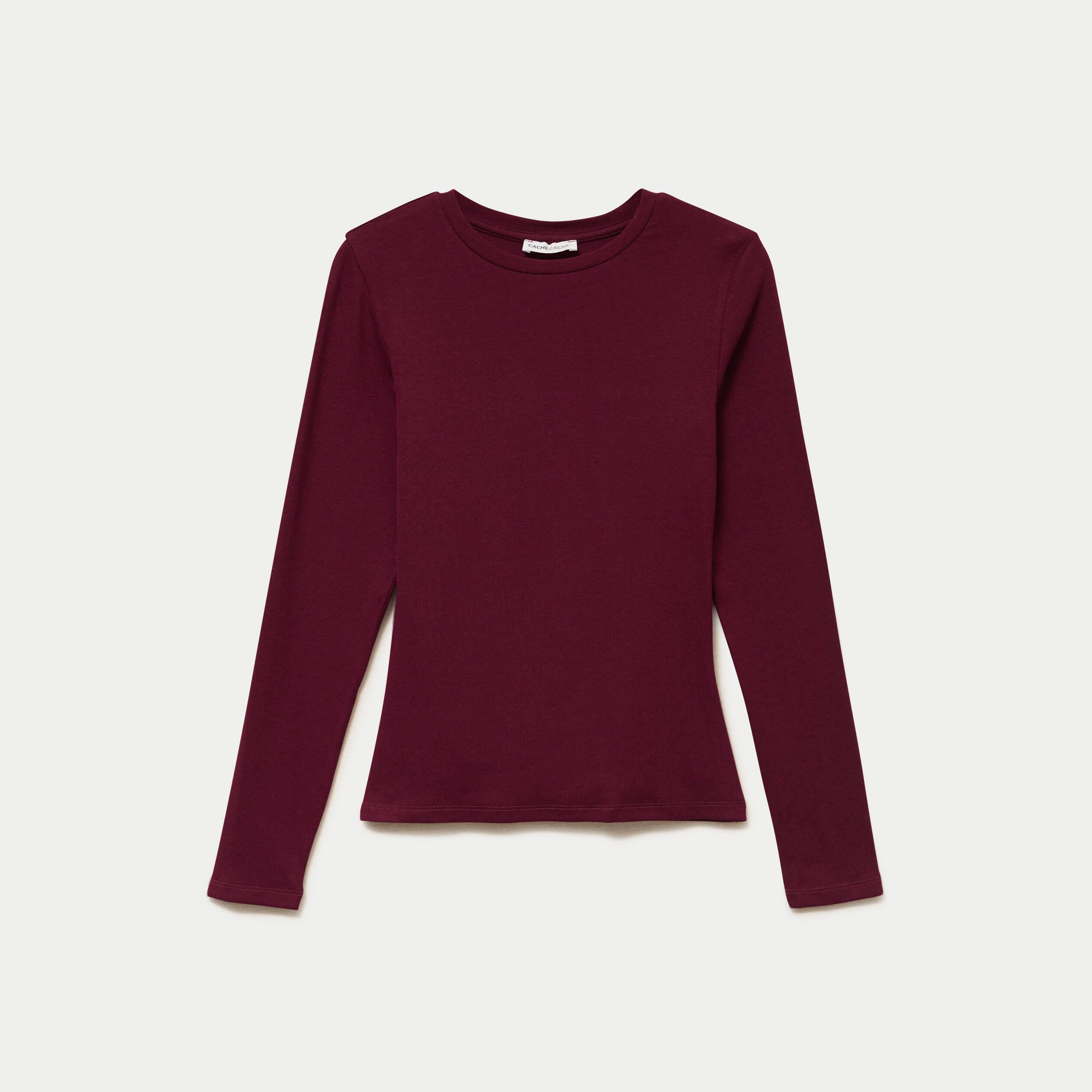 T-shirt cintr&eacute; col rond manches longues bordeaux femme