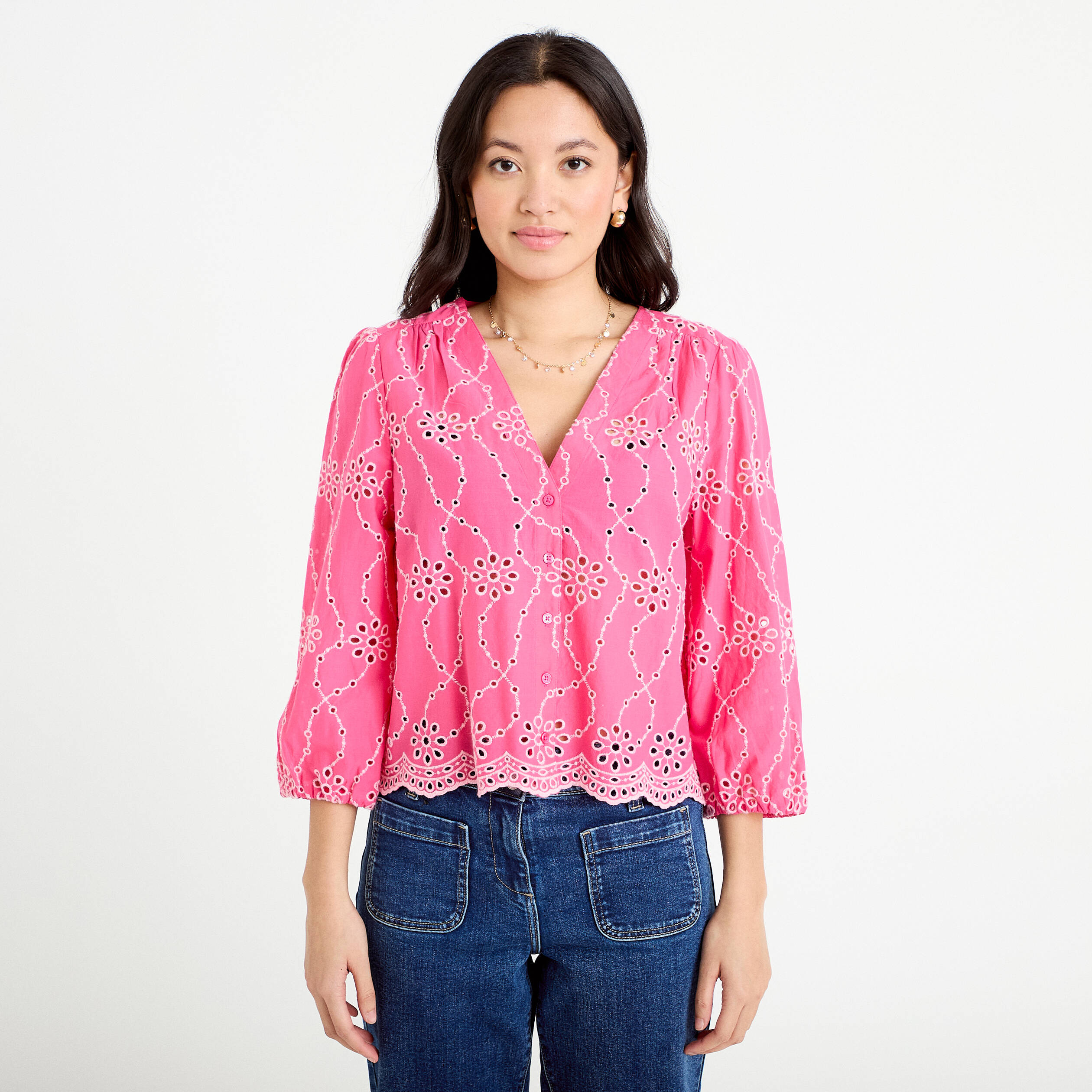 Blouse broderie anglaise rose fushia femme
