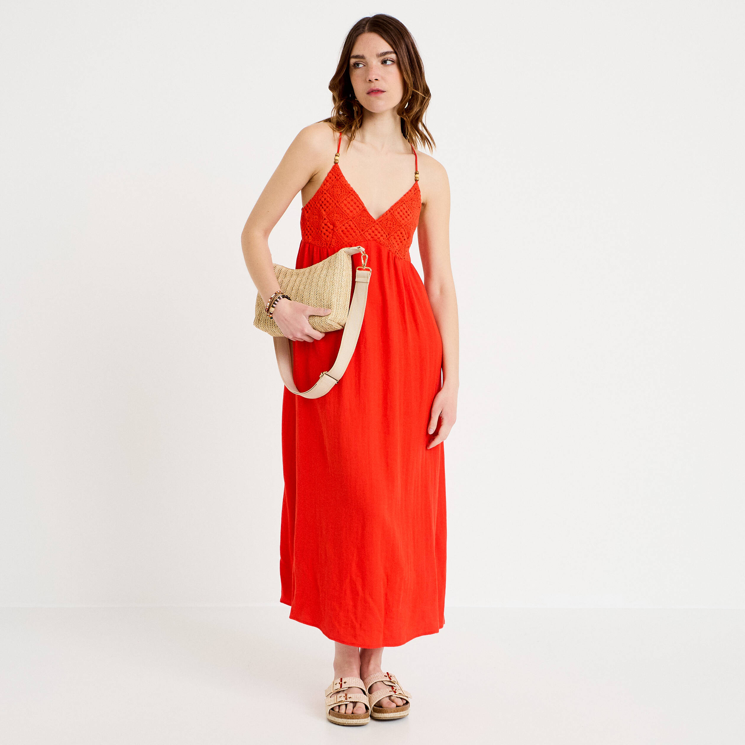 Robe bi-mati&egrave;re col v bretelles fines orange fonc&eacute; femme
