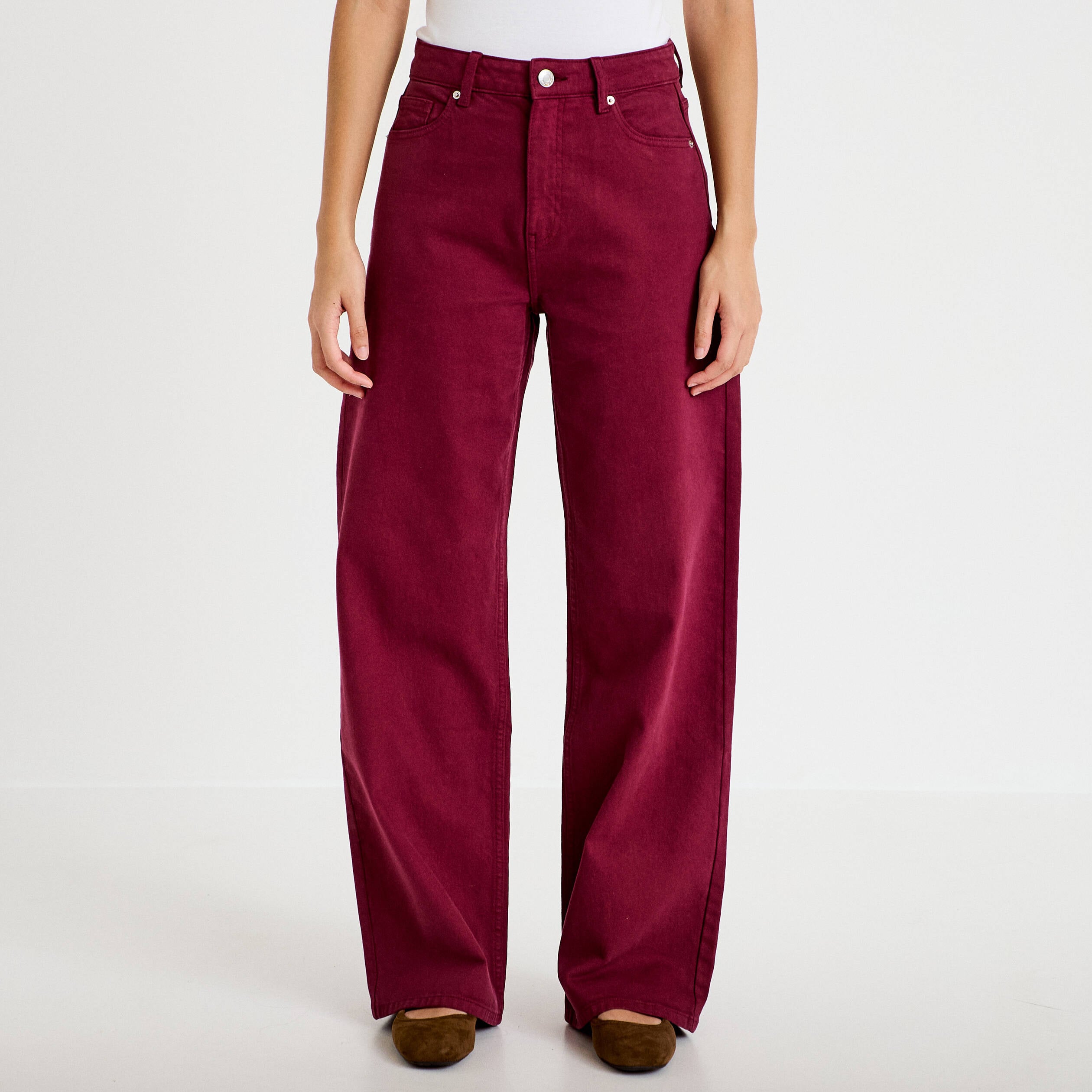 Jean wide leg taille haute bordeaux femme