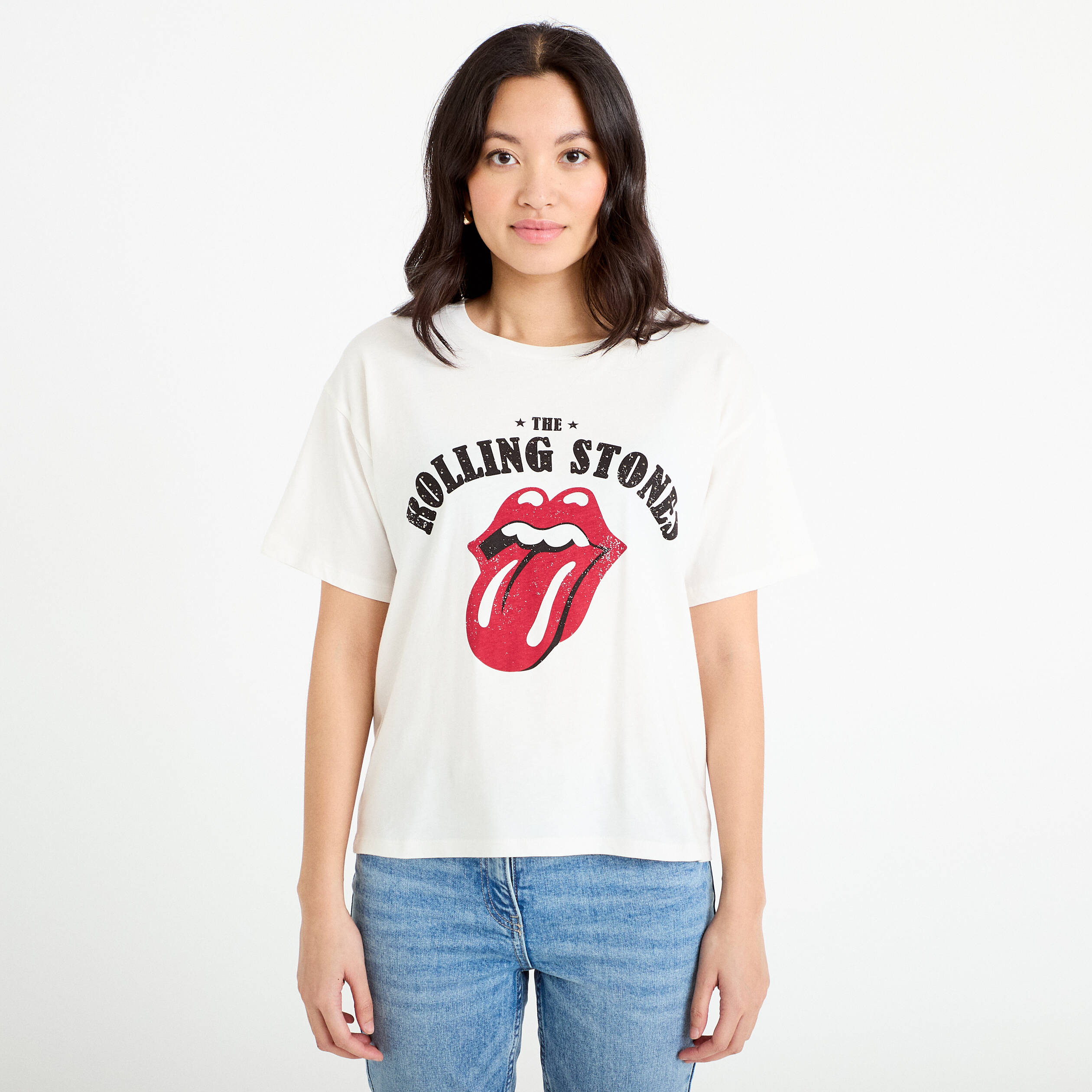 T-shirt oversize col rond rolling stones ecru femme