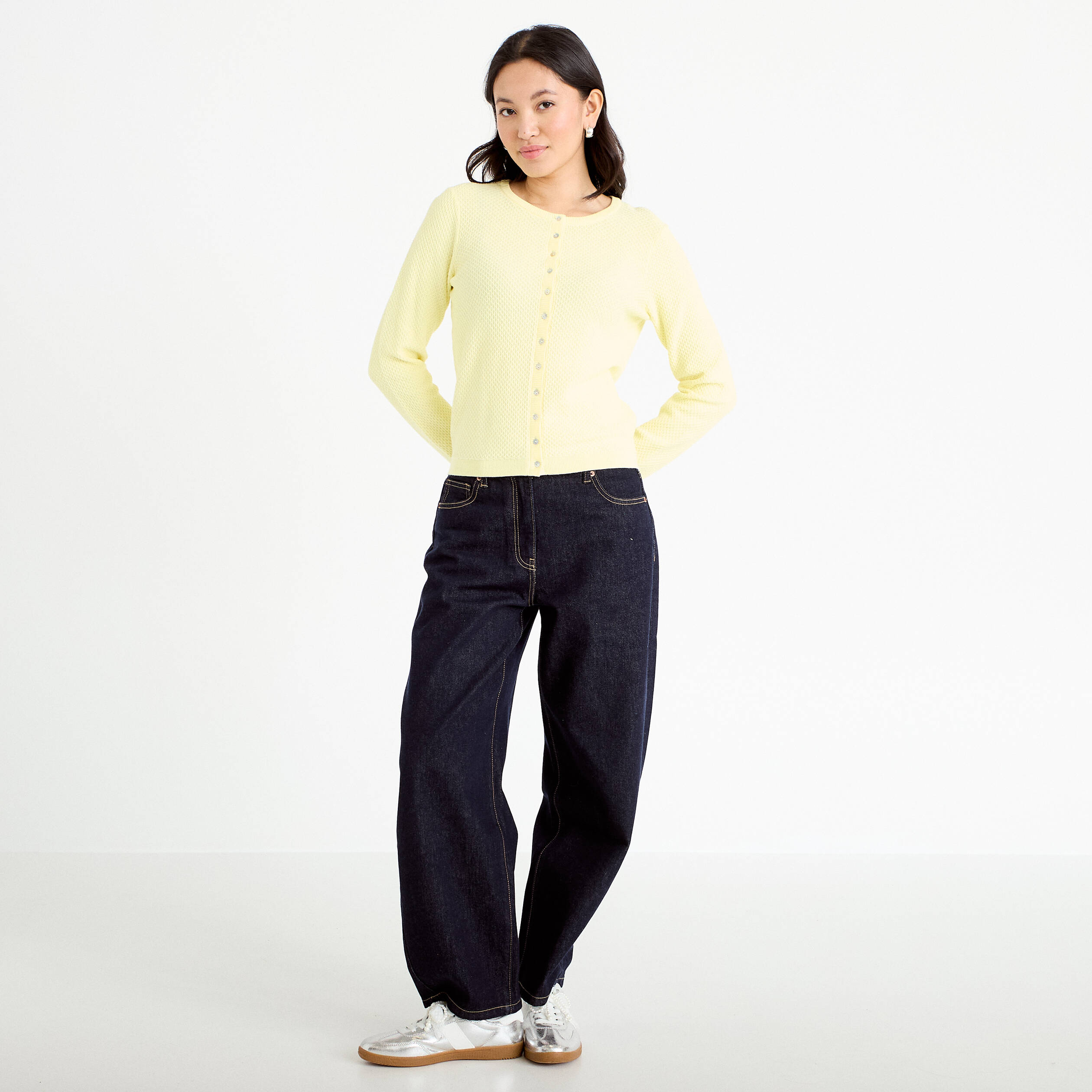 Gilet ajour&eacute; manches longues jaune clair femme