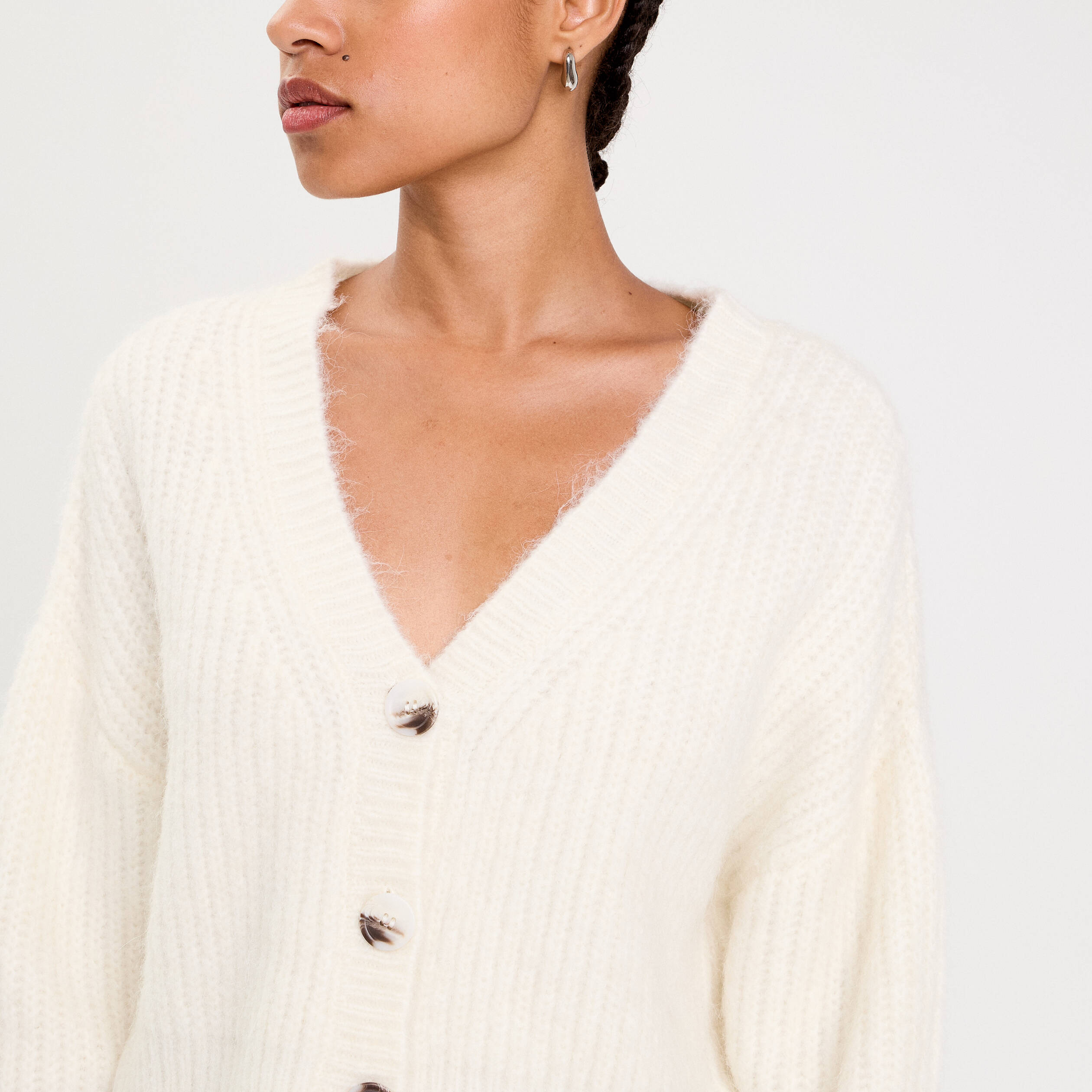 Gilet col v manches longues ecru femme