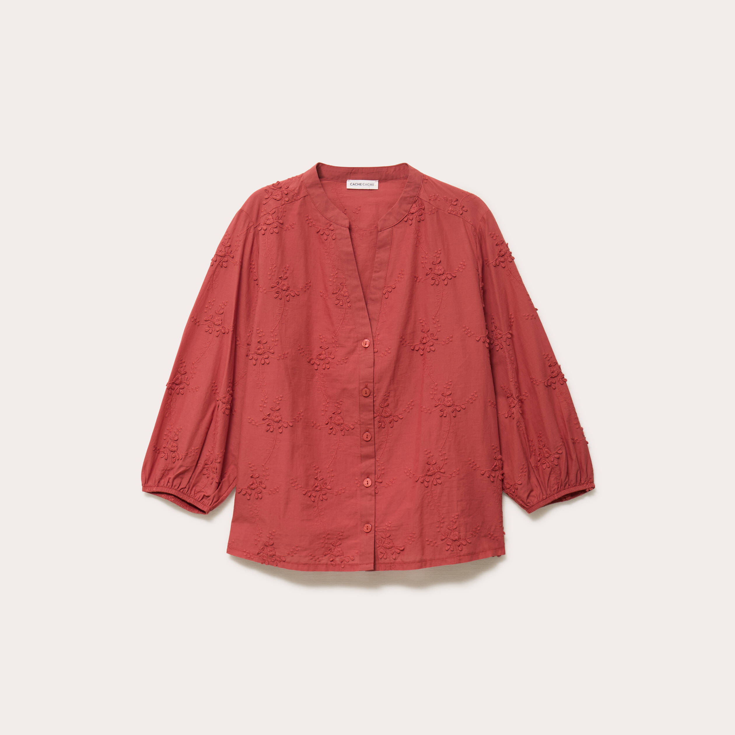 Blouse brod&eacute;e col mao manches 3/4 vieux rose femme