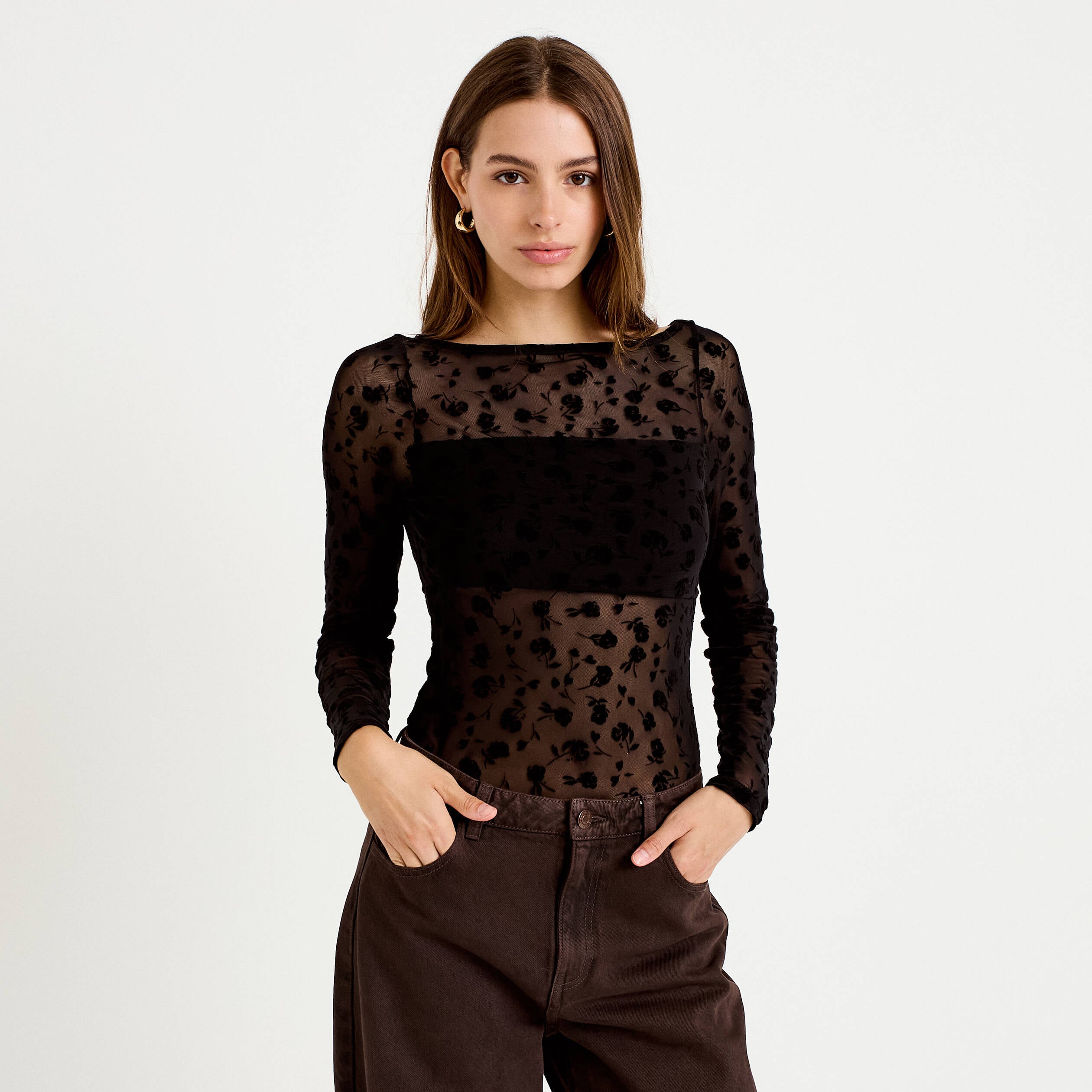 Body cintr&eacute; manches longues col bateau noir femme