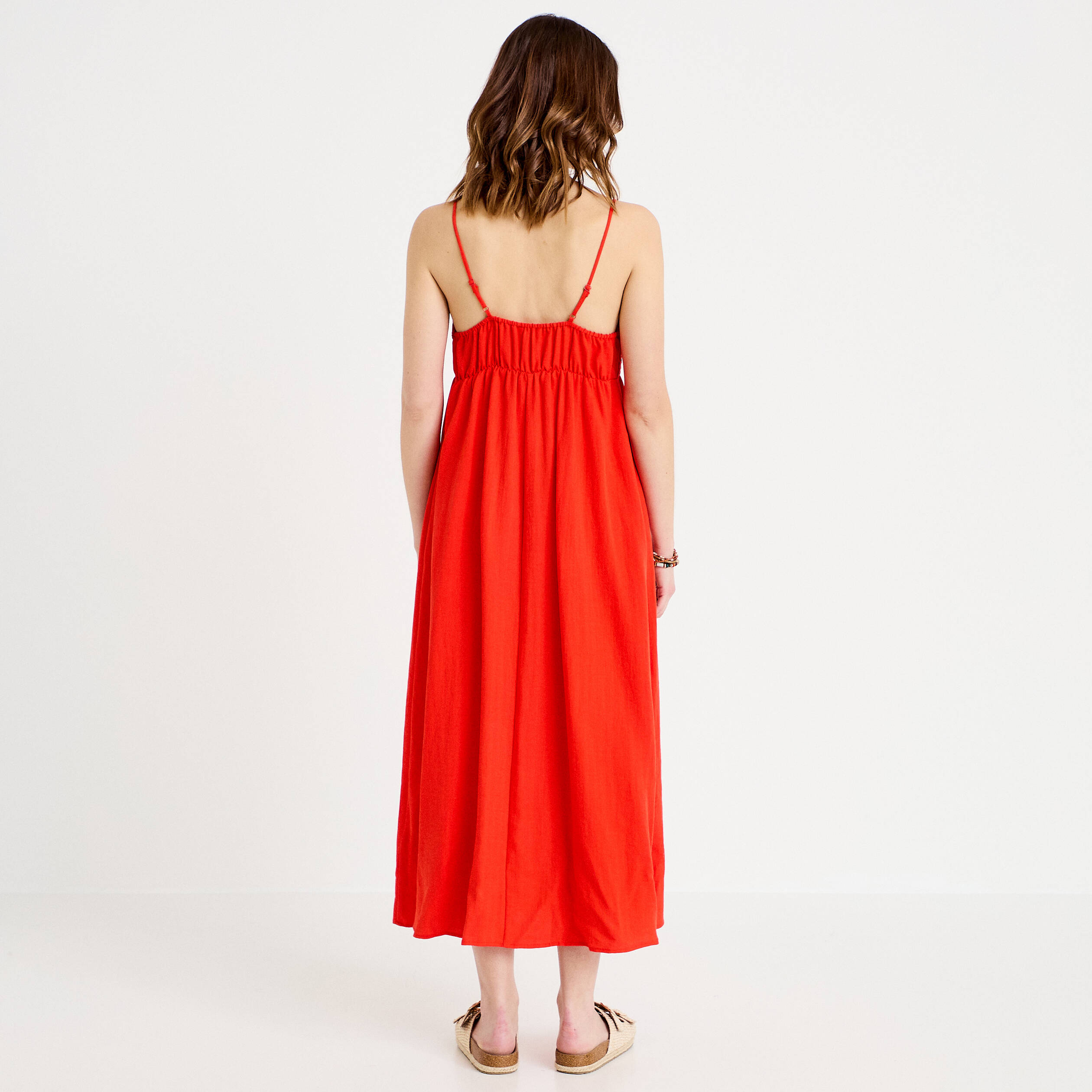 Robe bi-mati&egrave;re col v bretelles fines orange fonc&eacute; femme