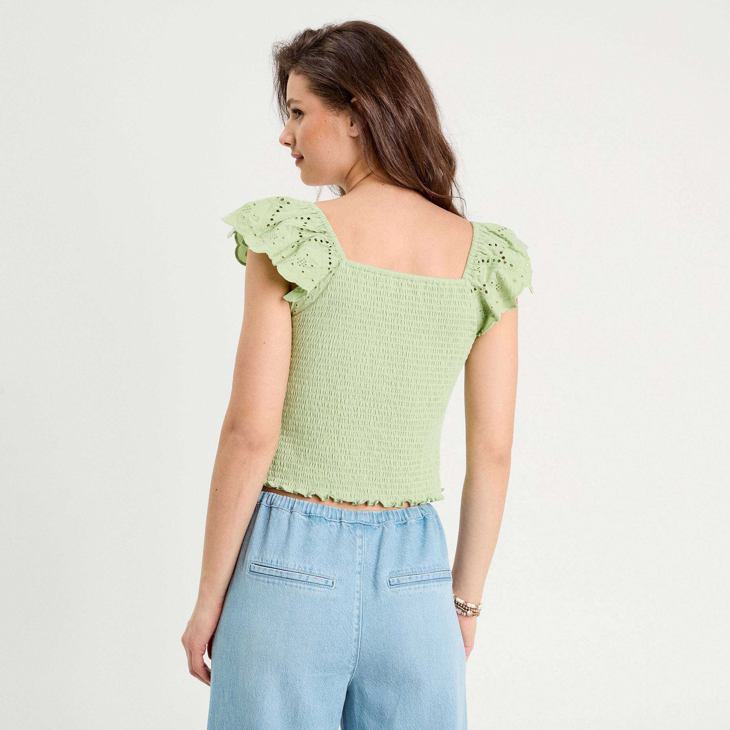 T-shirt smock&eacute; avec broderie vert clair femme