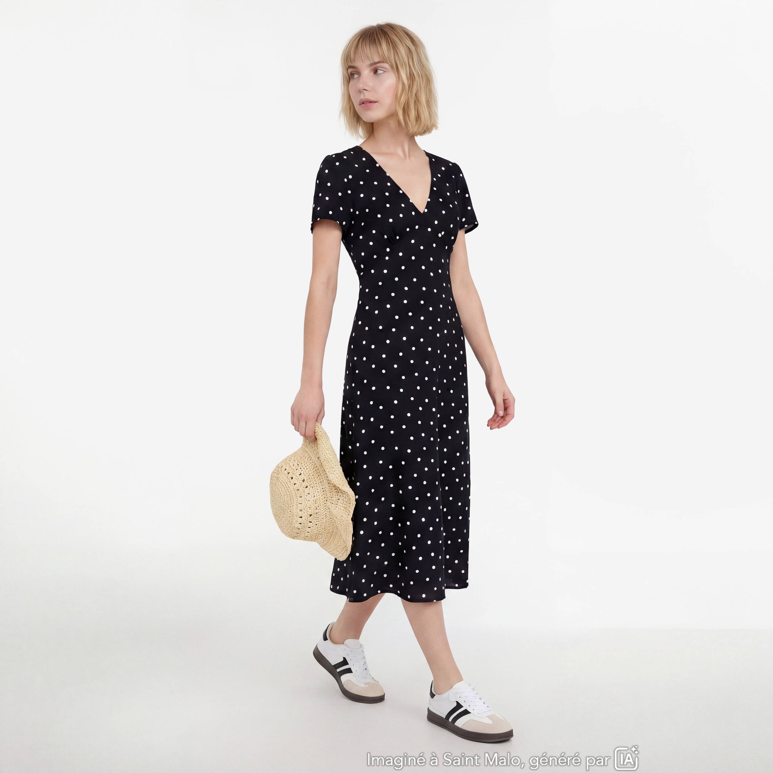 Robe longue &eacute;vas&eacute;e col v manches courtes noir femme