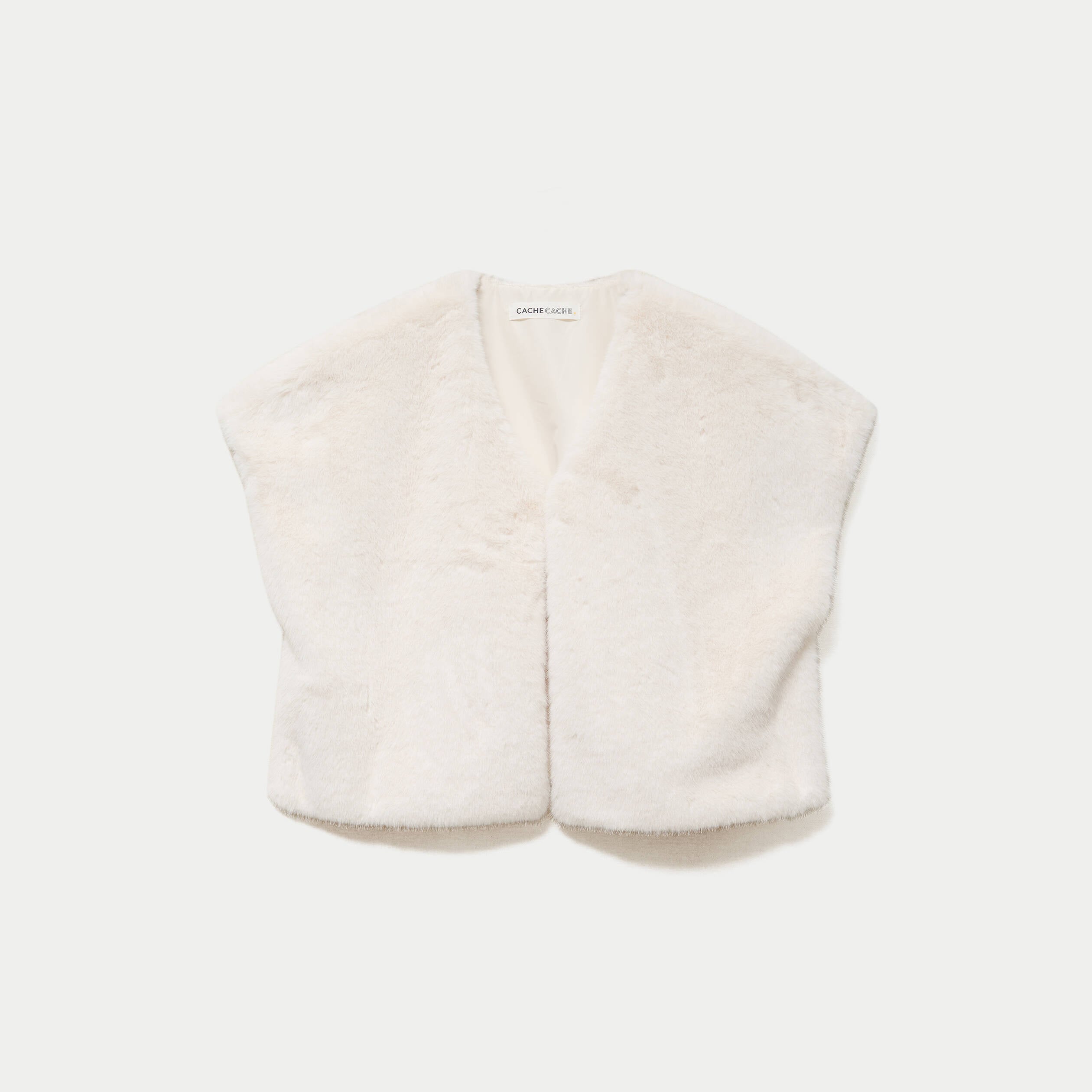 Kimono sans manches fausse fourrure ecru femme