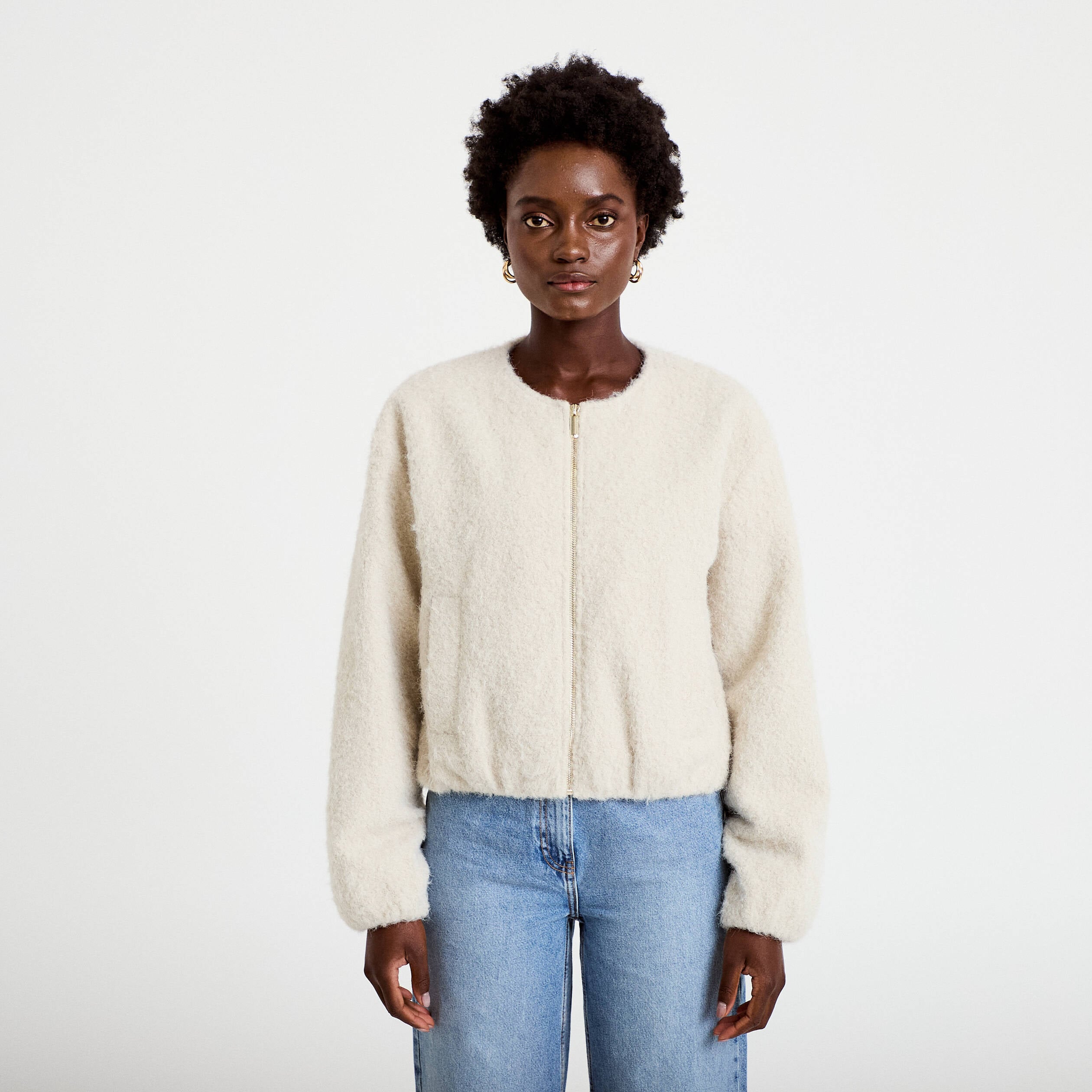 Veste cropped bas resserr&eacute; ecru femme