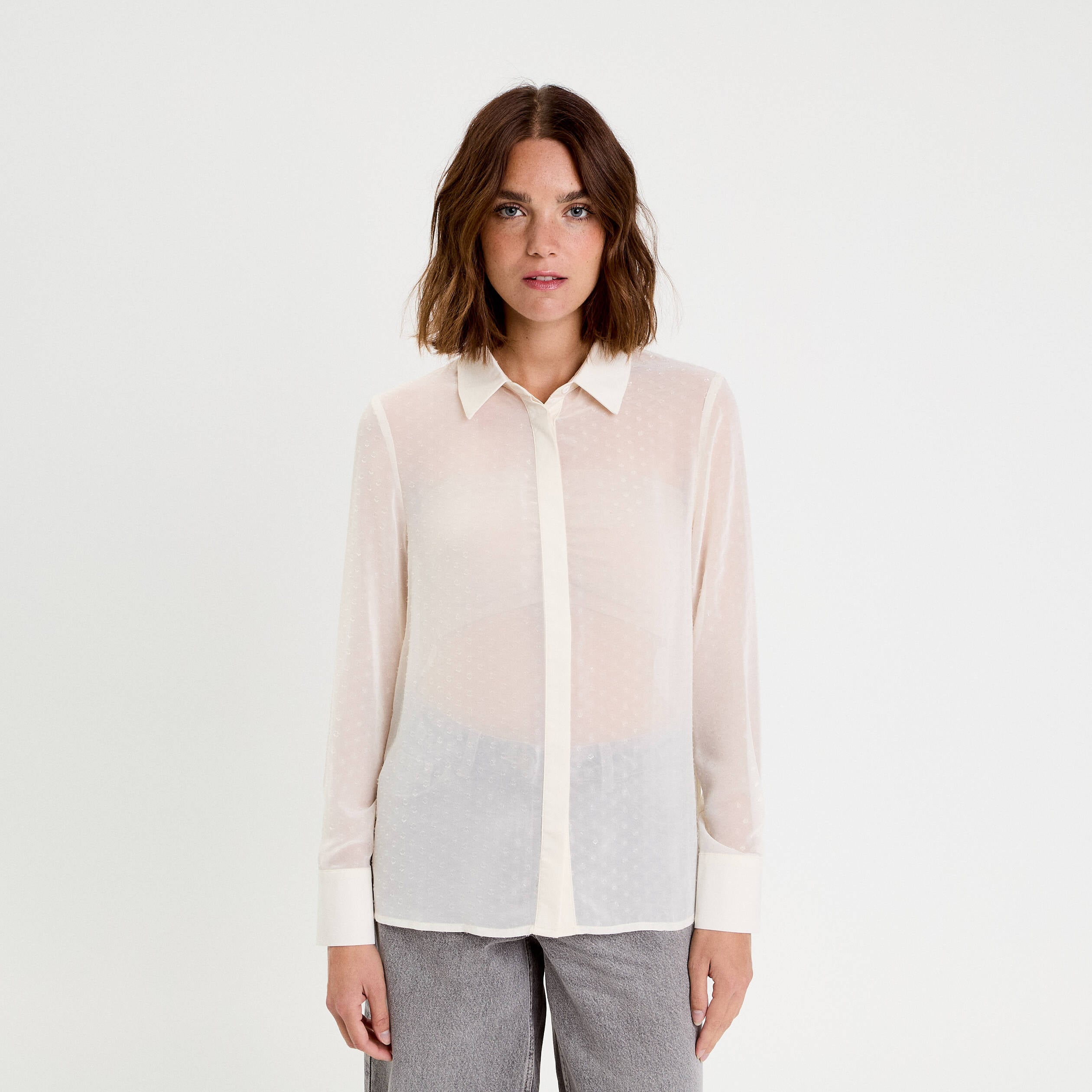 Chemise voile plumetis brillant ecru femme