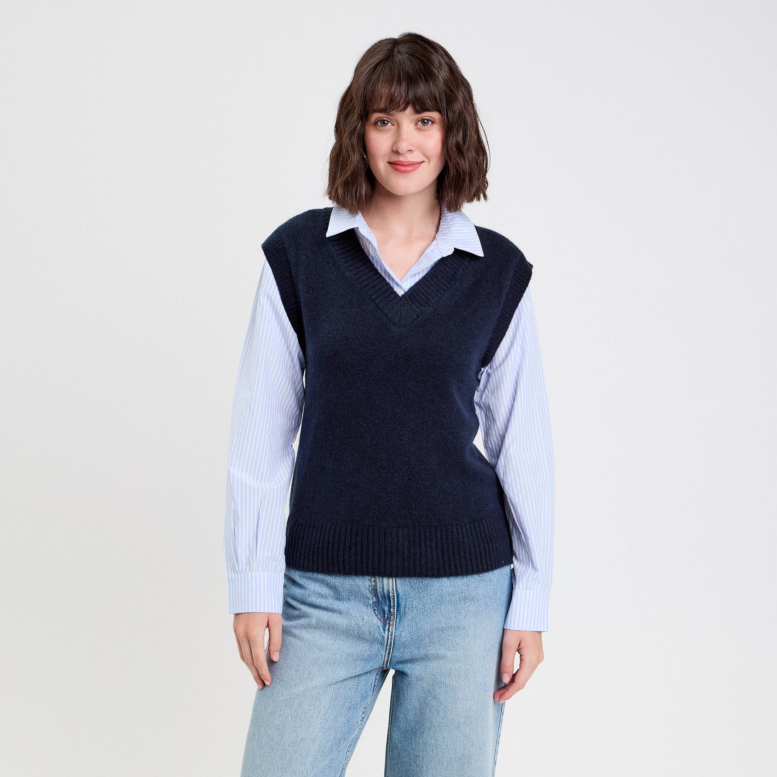 Pull chemise 2-en-1 bleu marine femme