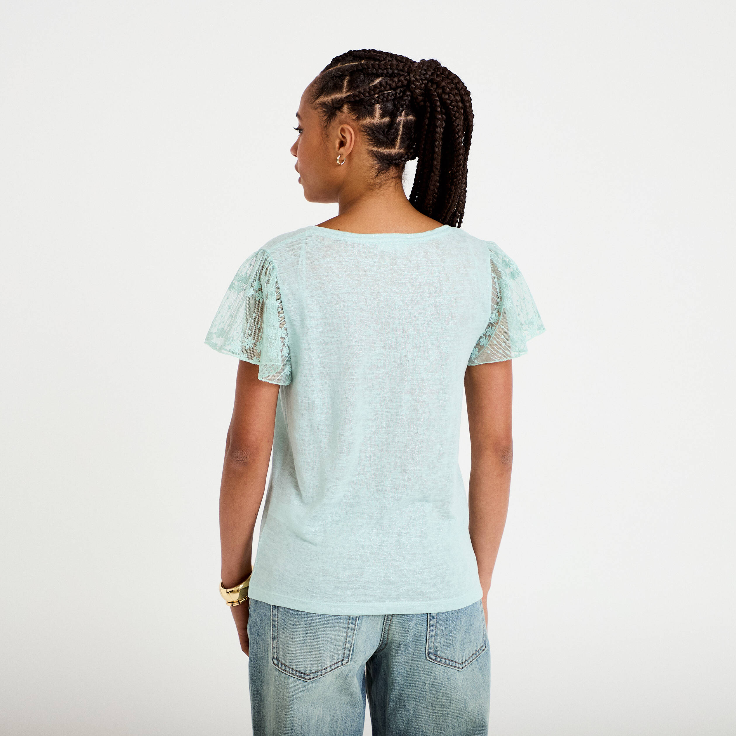 T-shirt manches dentelle vert clair femme