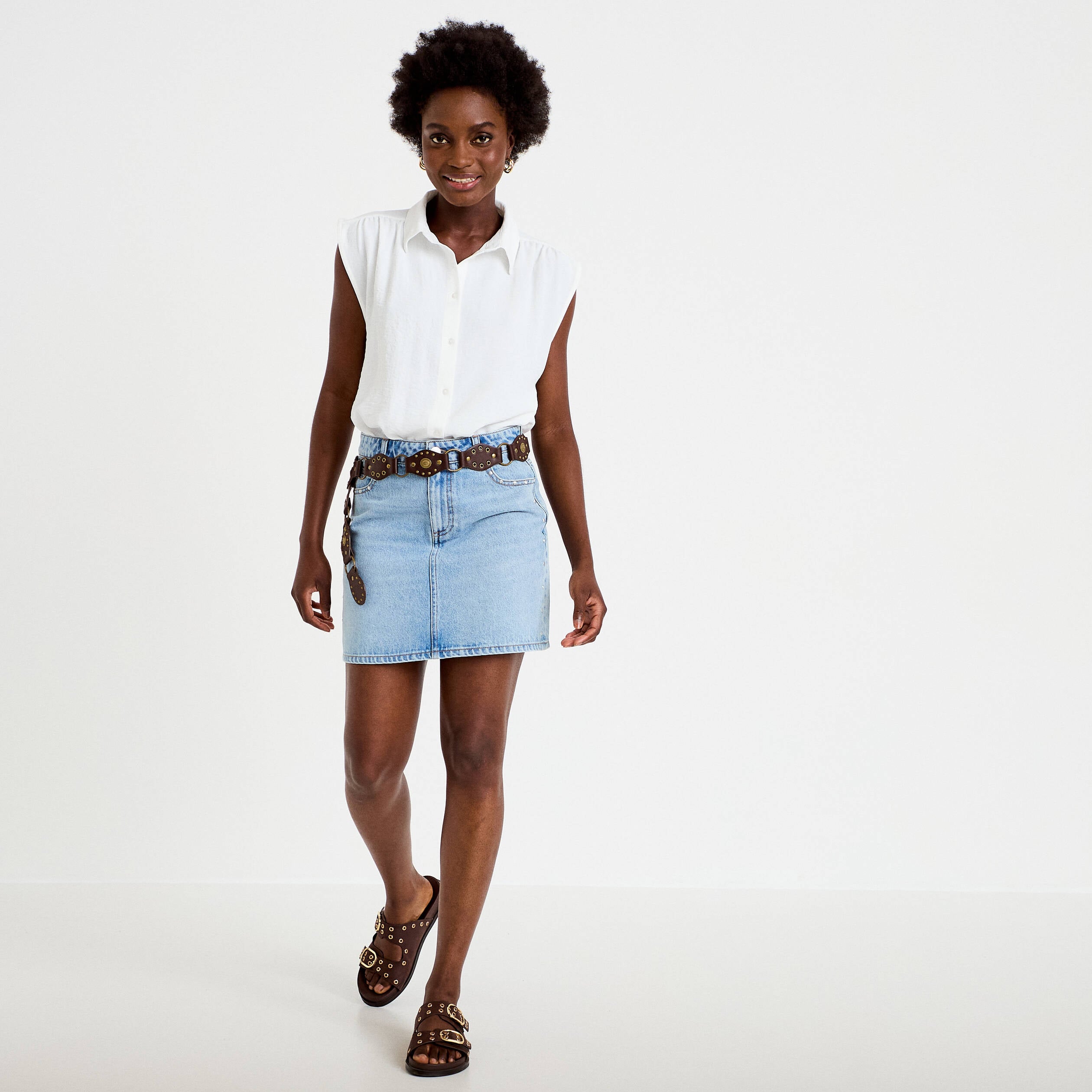 Jupe droite courte en jean clout&eacute;e denim double stone femme