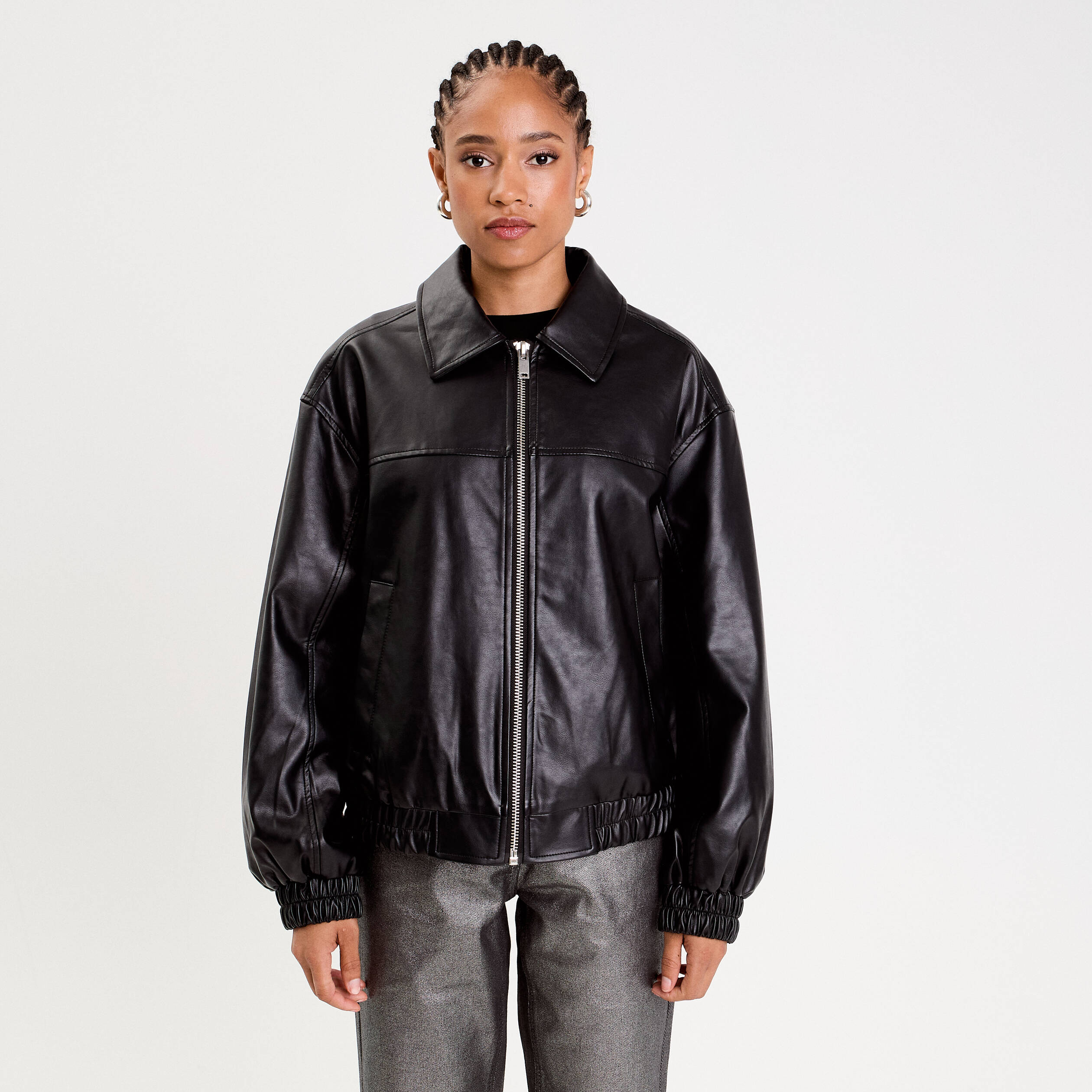 Bomber oversize similicuir col chemise noir femme