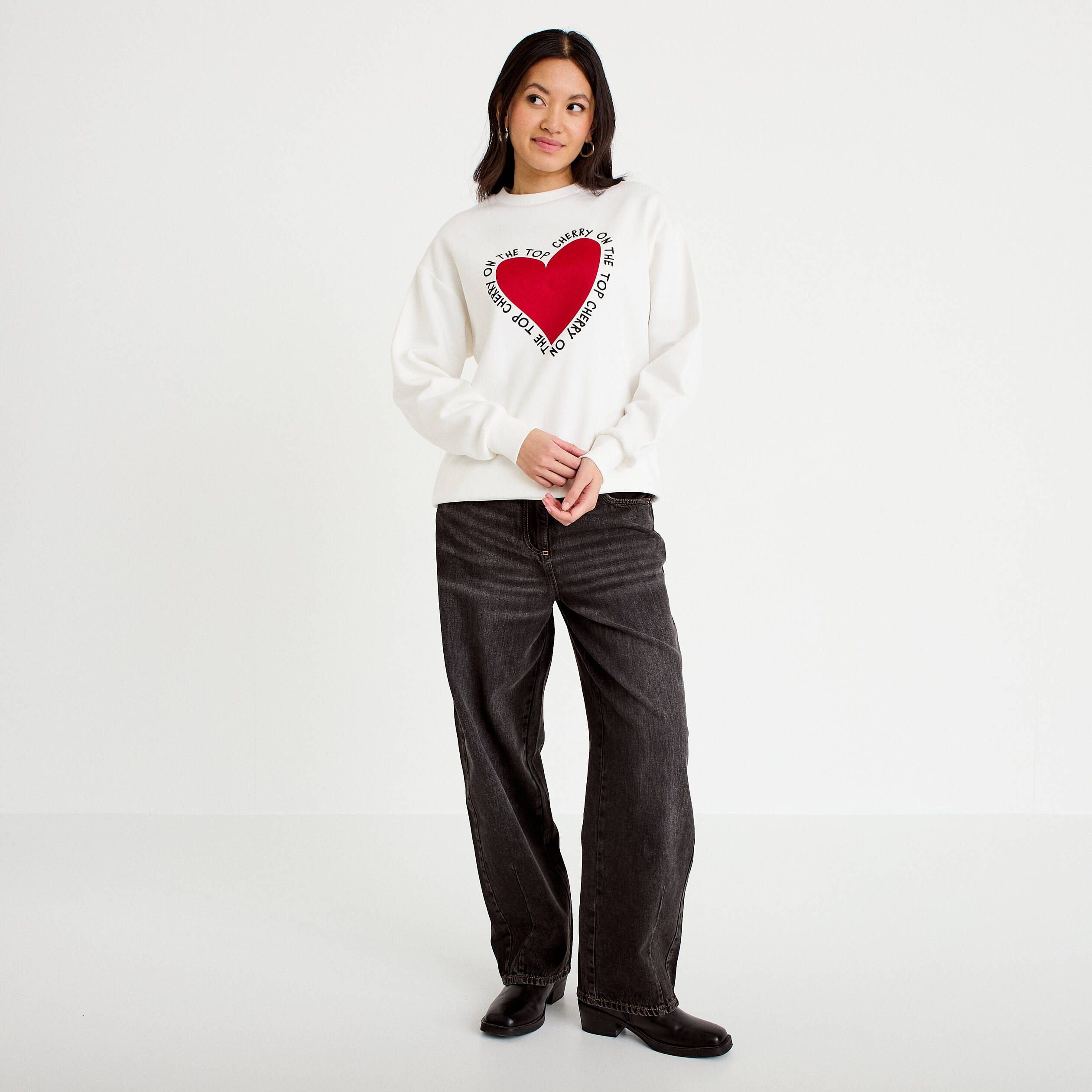 Sweat oversize long col rond ecru femme
