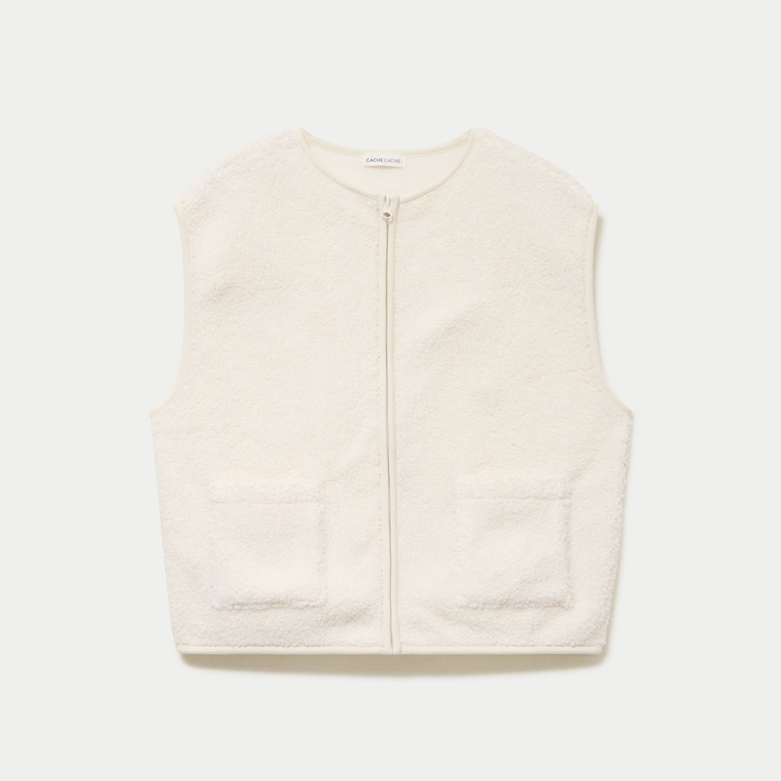 Gilet sans manches bouclette ecru femme