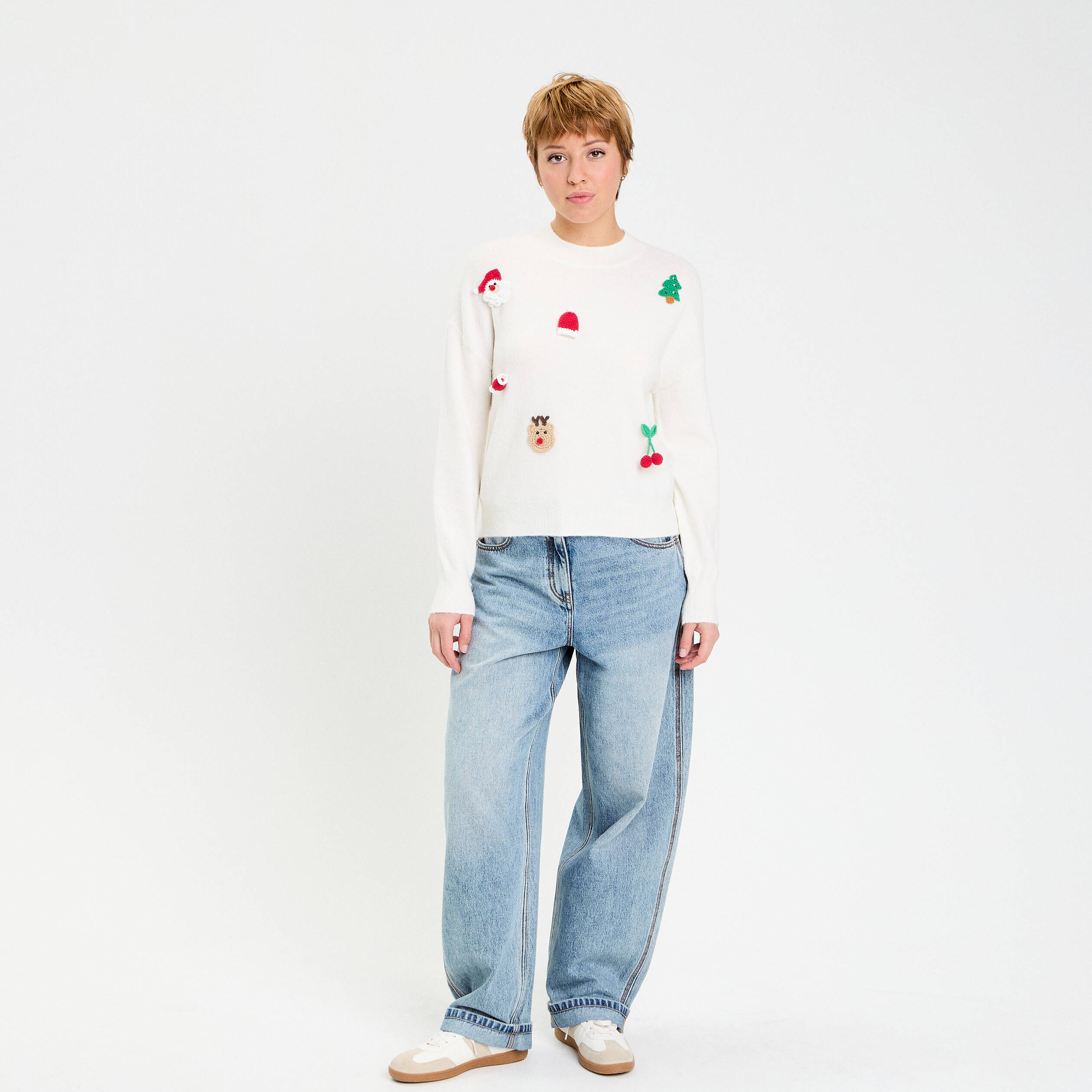 Pull de no&euml;l manches longues ecru femme