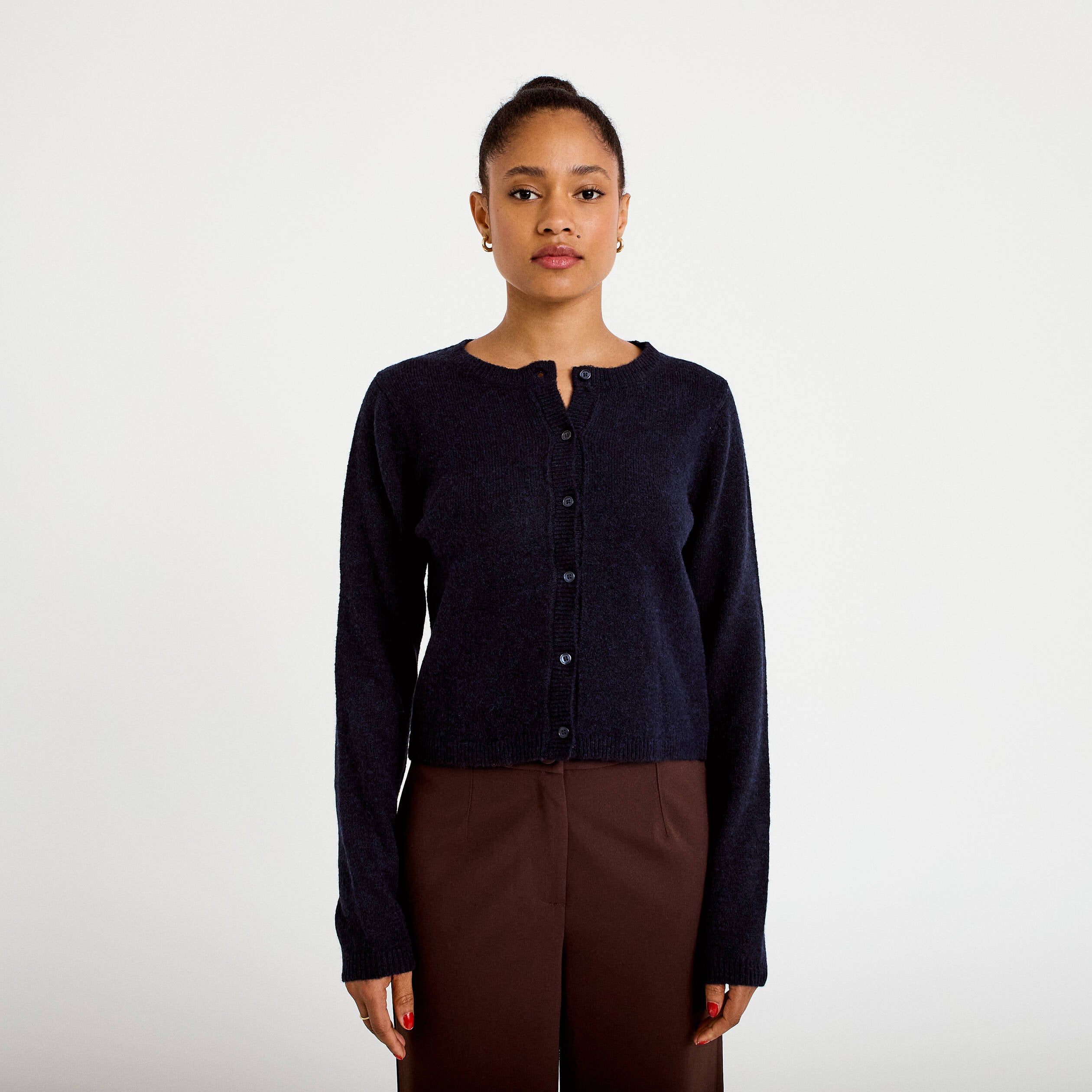 Gilet boutonn&eacute; manches longues bleu marine femme