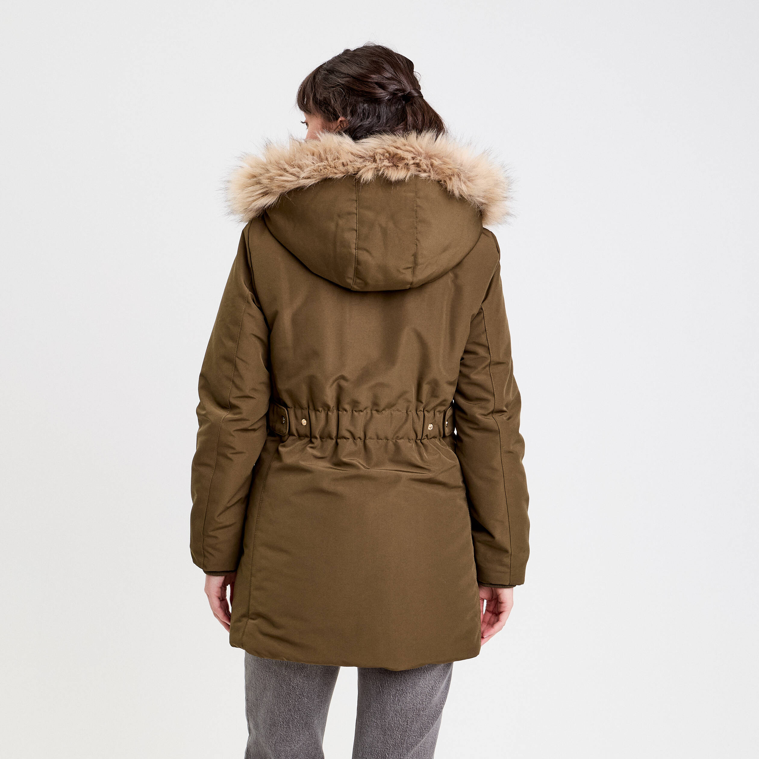 Parka &agrave; capuche fausse fourrure vert kaki femme