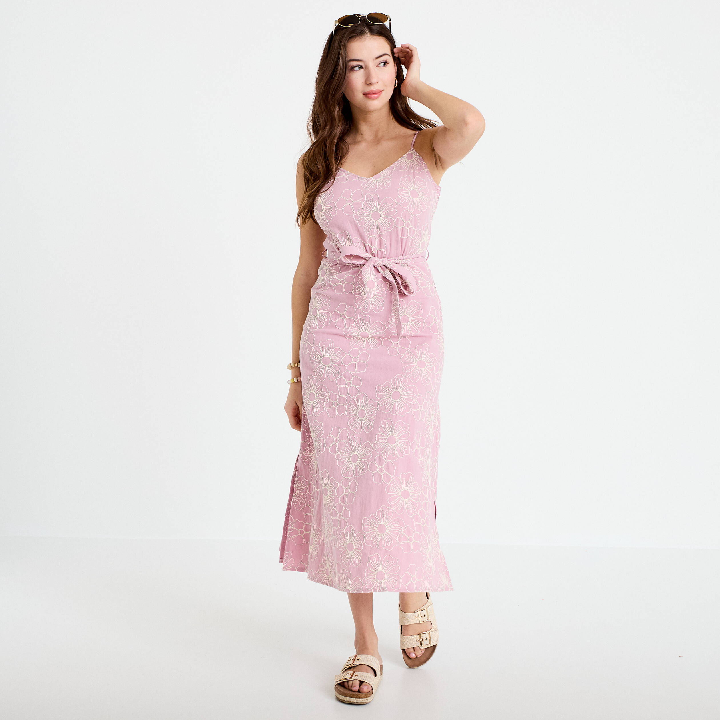 Robe droite 3/4 col v fines bretelles rose clair femme
