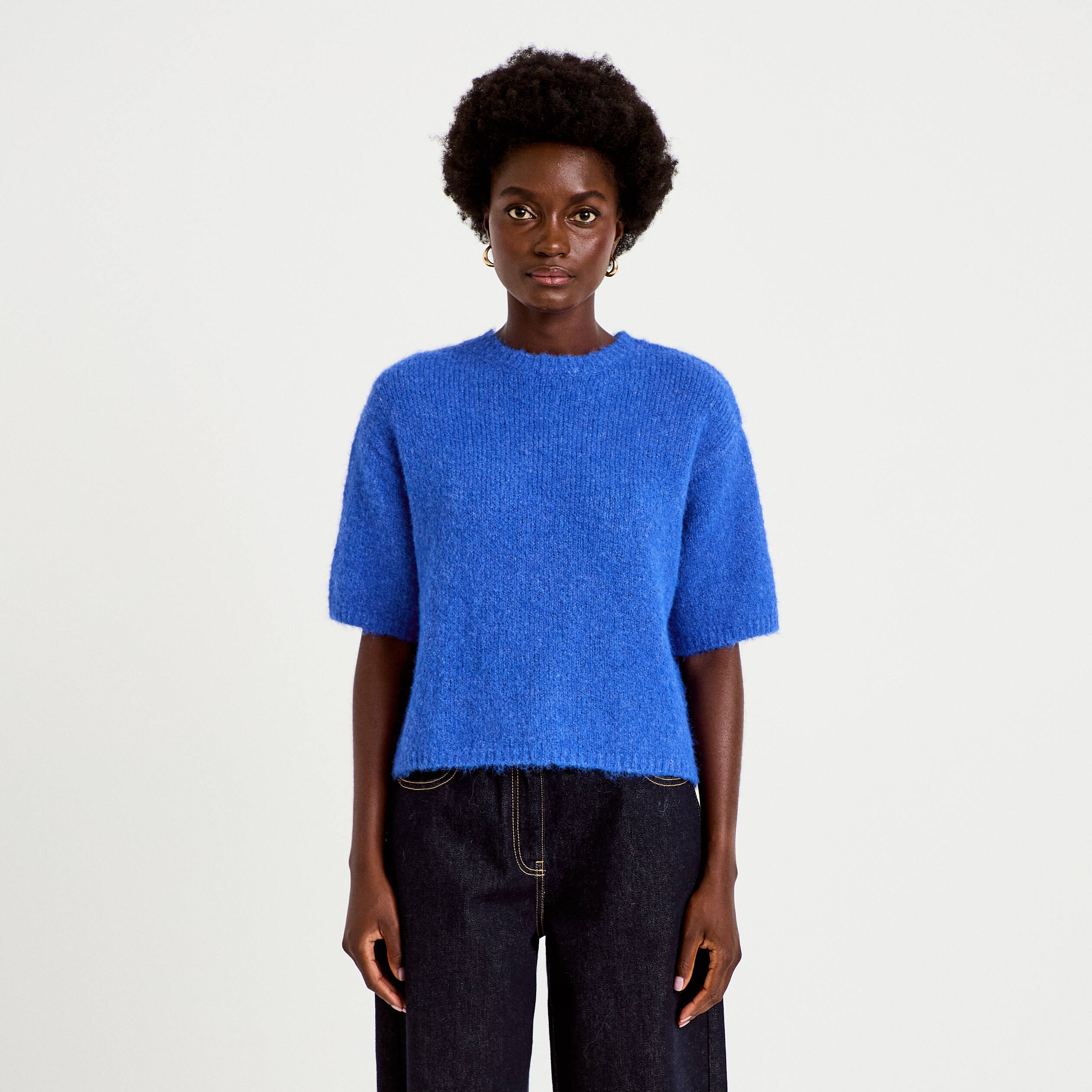 Pull col rond manches courtes bleu electrique femme