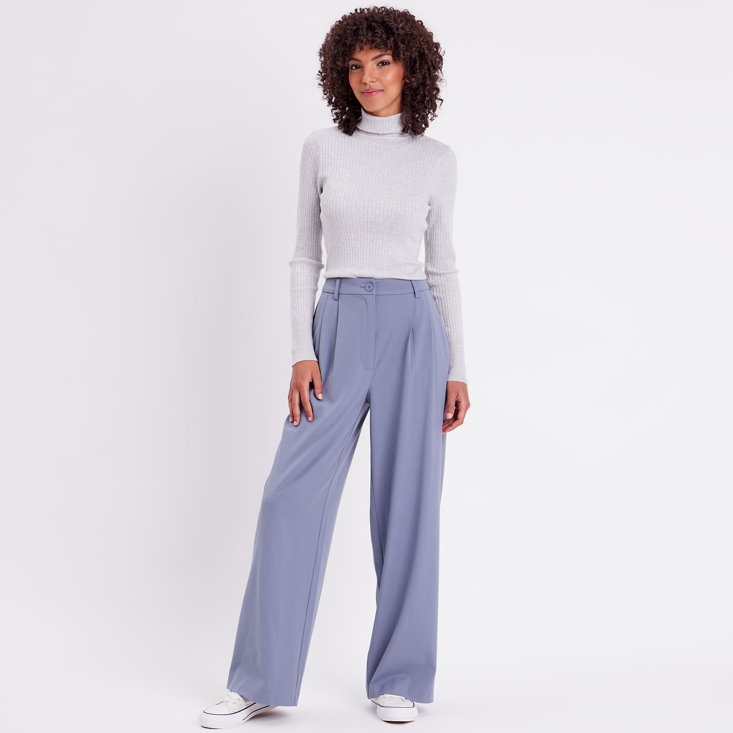 Pantalon large &agrave; pinces bleu gris femme