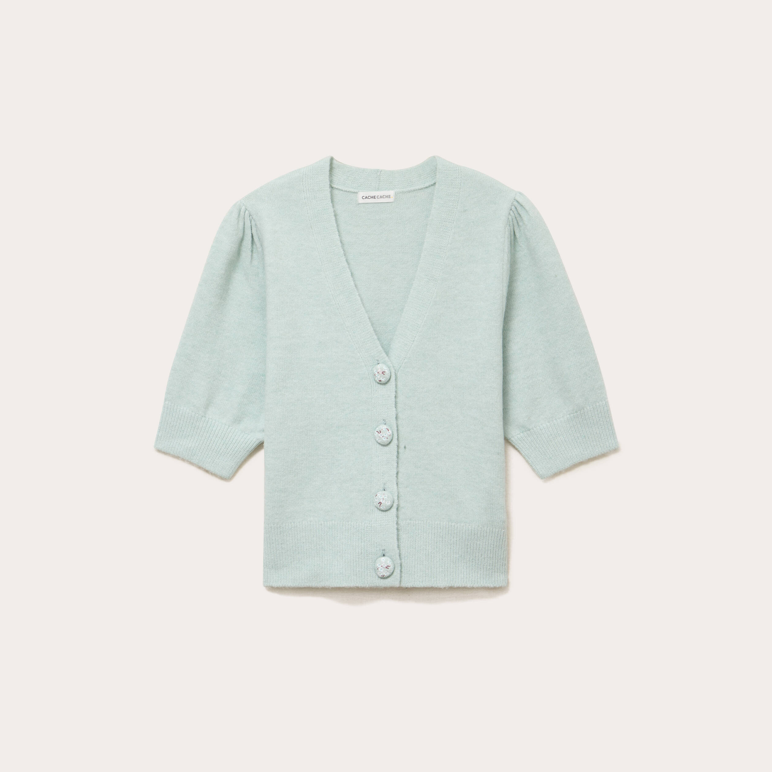 Pull manches courtes boutons brod&eacute;s vert pastel femme