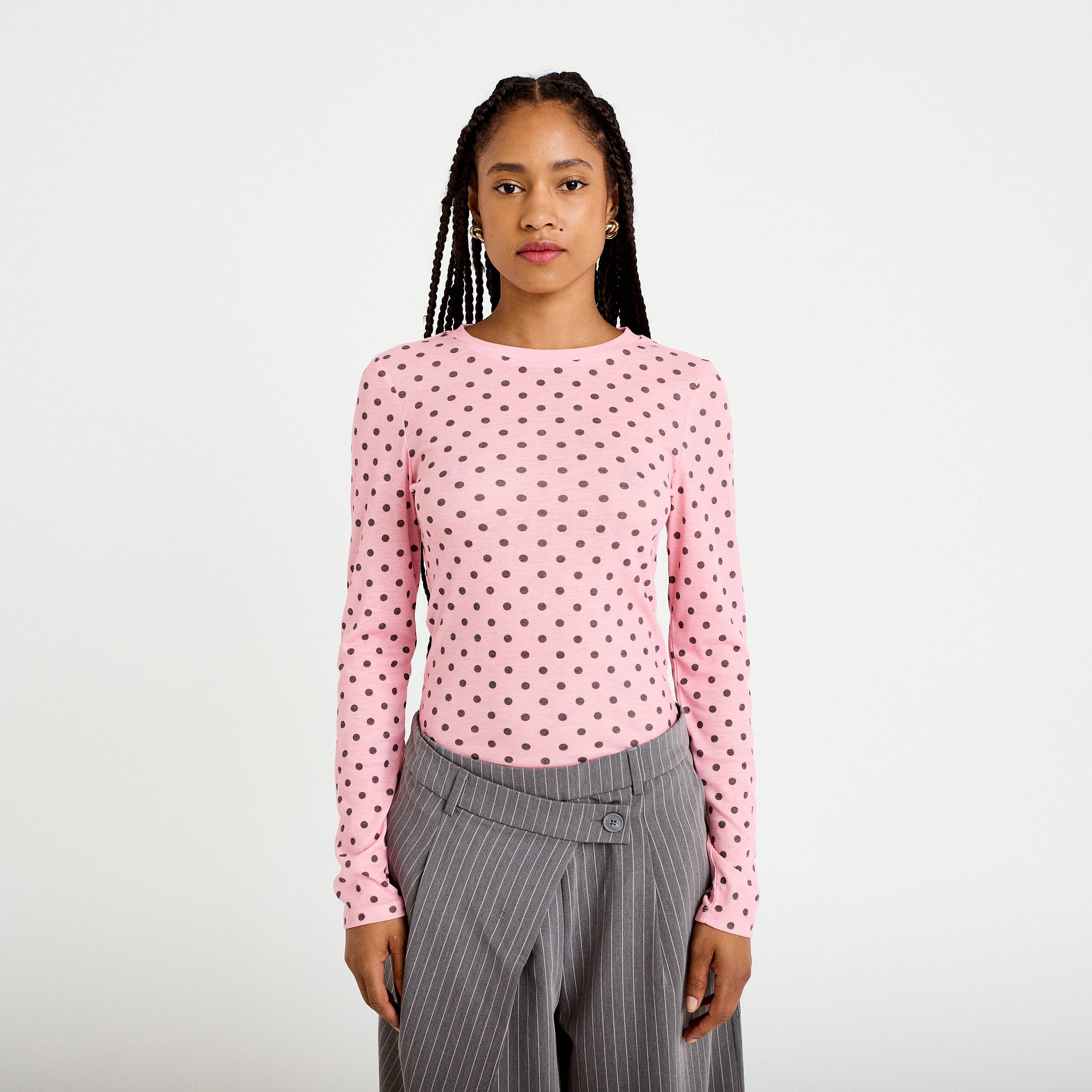 T-shirt ajust&eacute; col rond manches longues rose corail femme