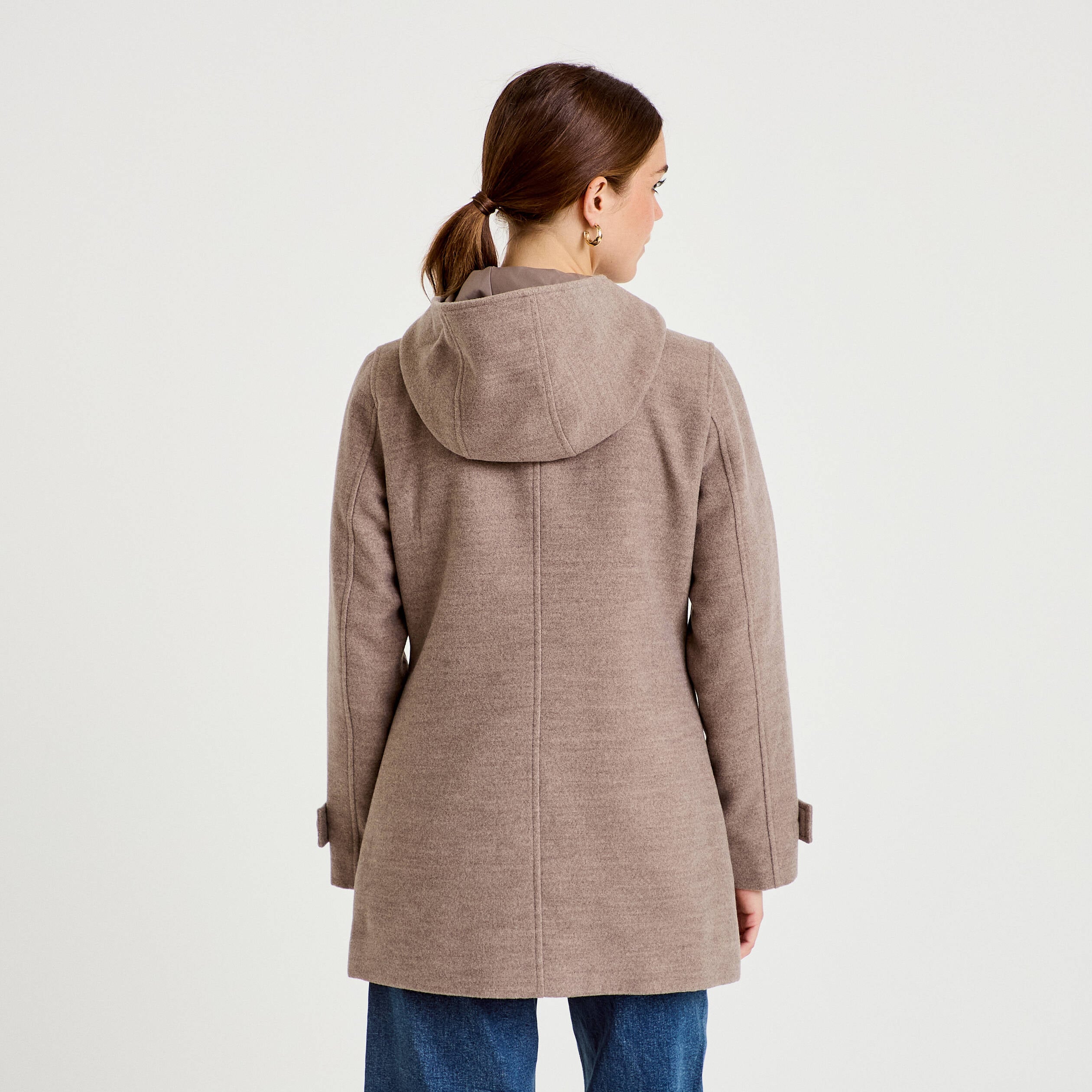 manteau ajust&eacute; 3/4 &agrave; capuche taupe femme