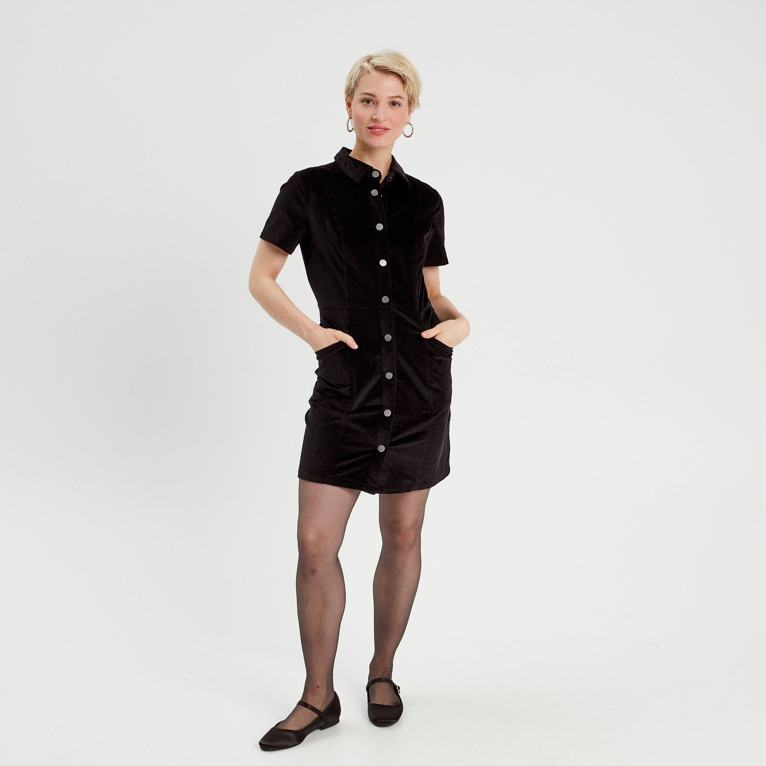 Robe cintr&eacute;e boutonn&eacute;e velours noir femme