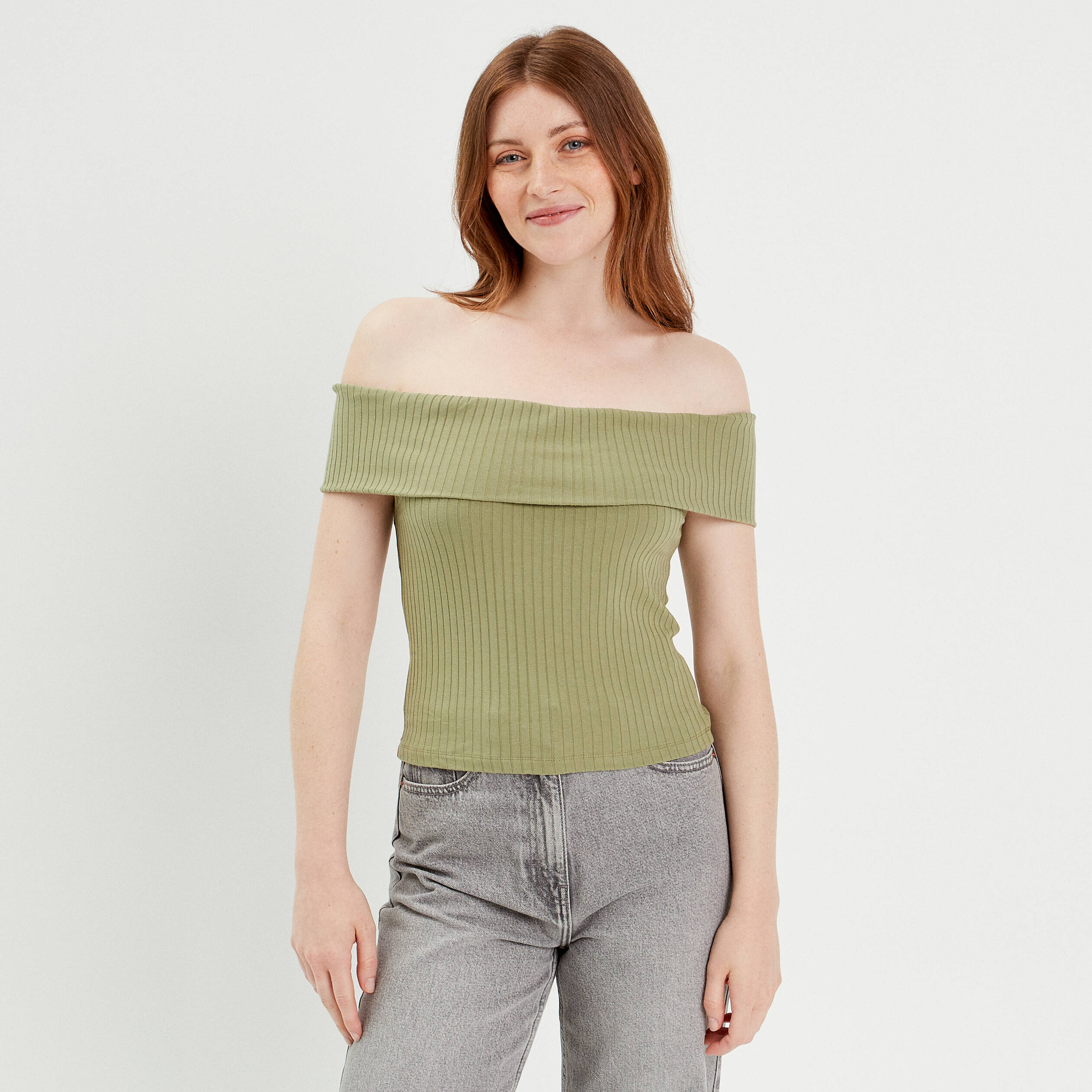 T-shirt manches courtes c&ocirc;tel&eacute; vert kaki femme