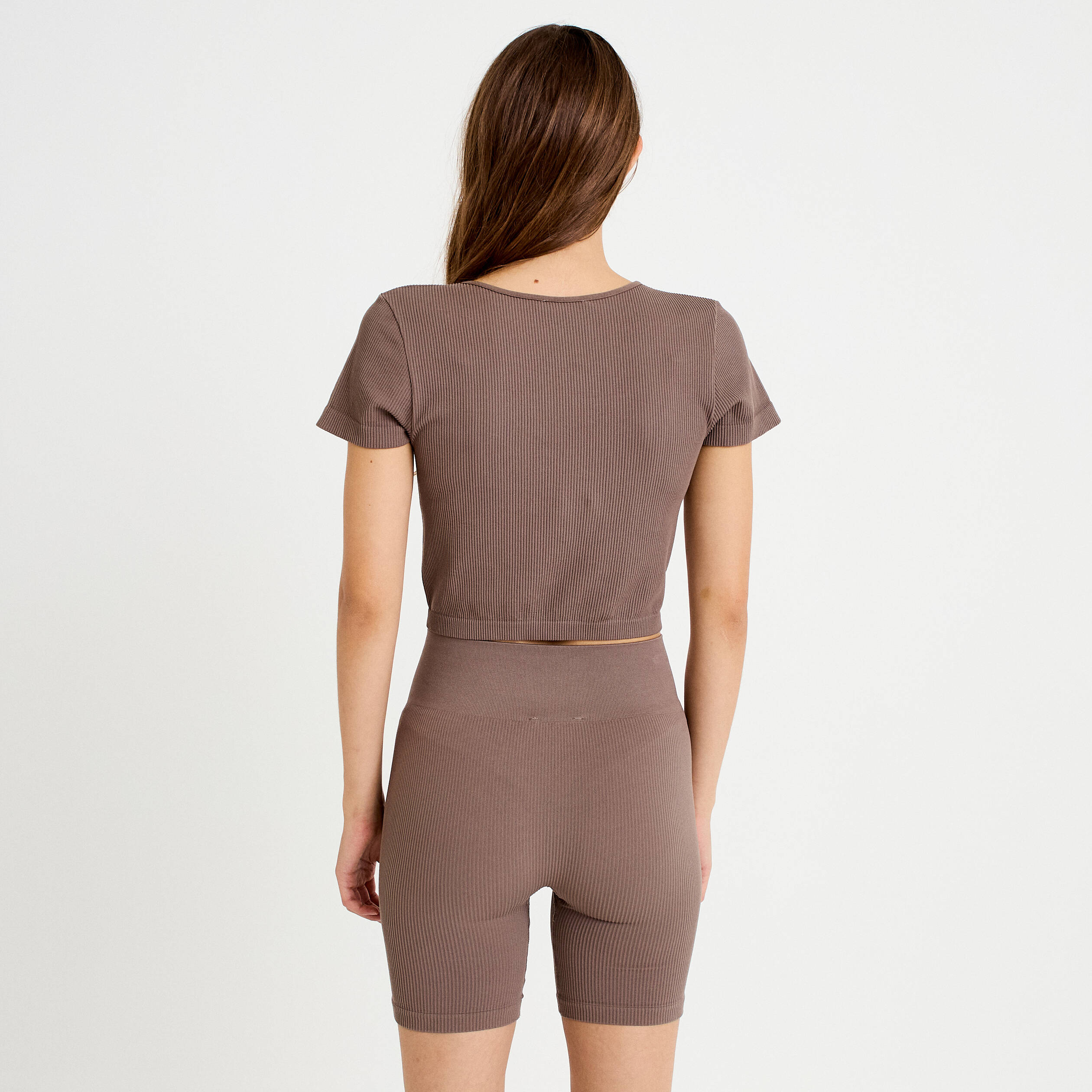Crop top sans couture col rond marron clair femme