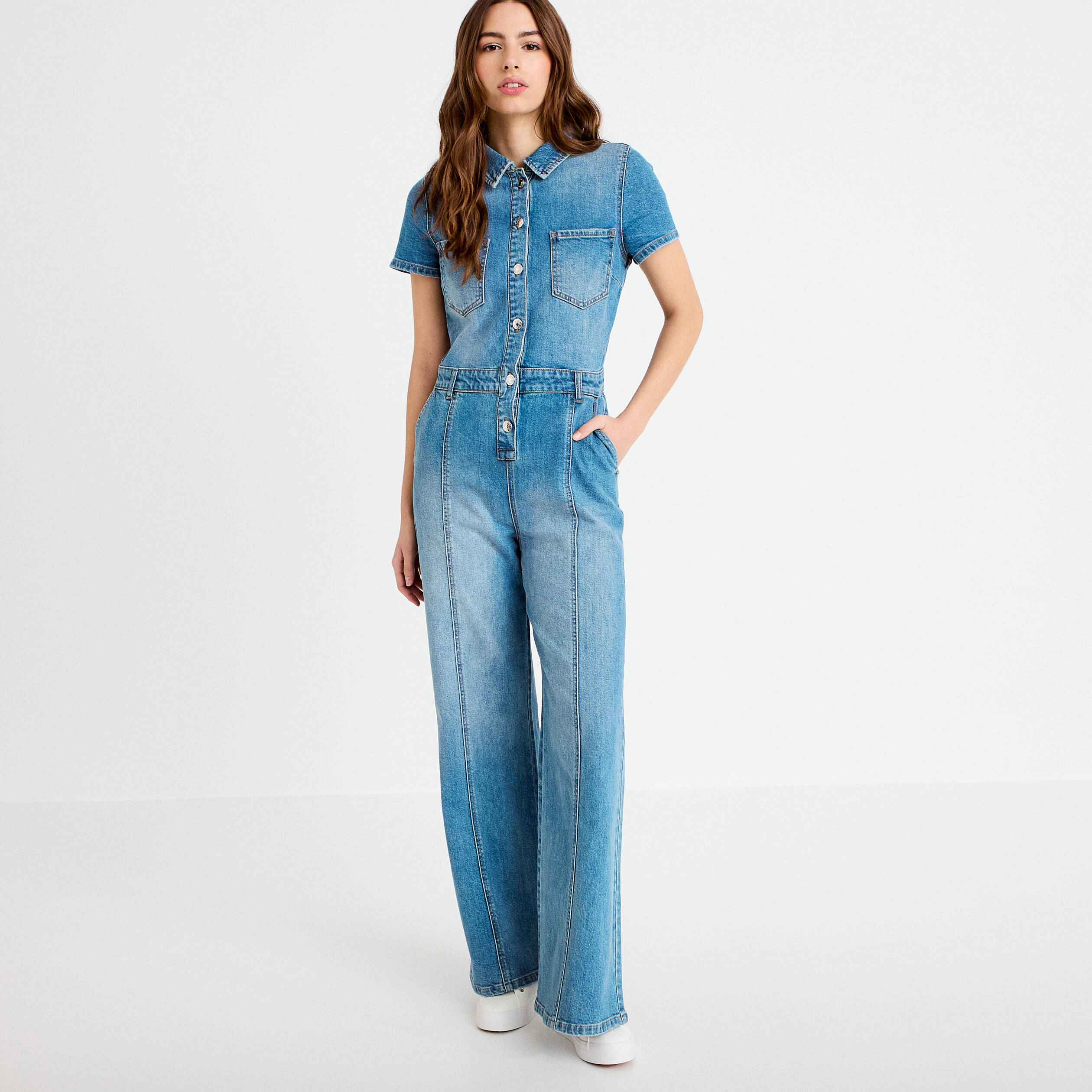 Combinaison manches courtes denim double stone femme