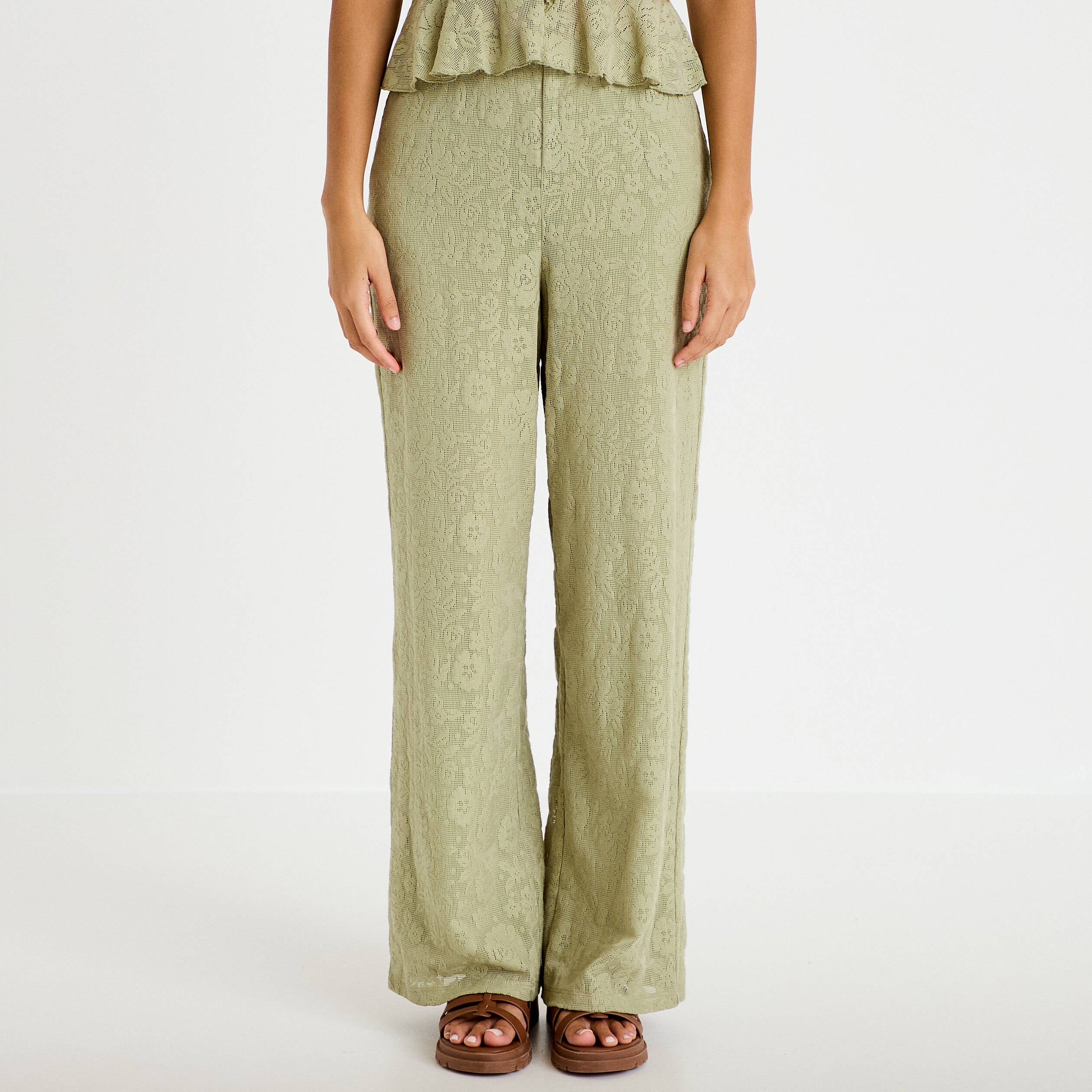 Pantalon large taille haute vert kaki femme