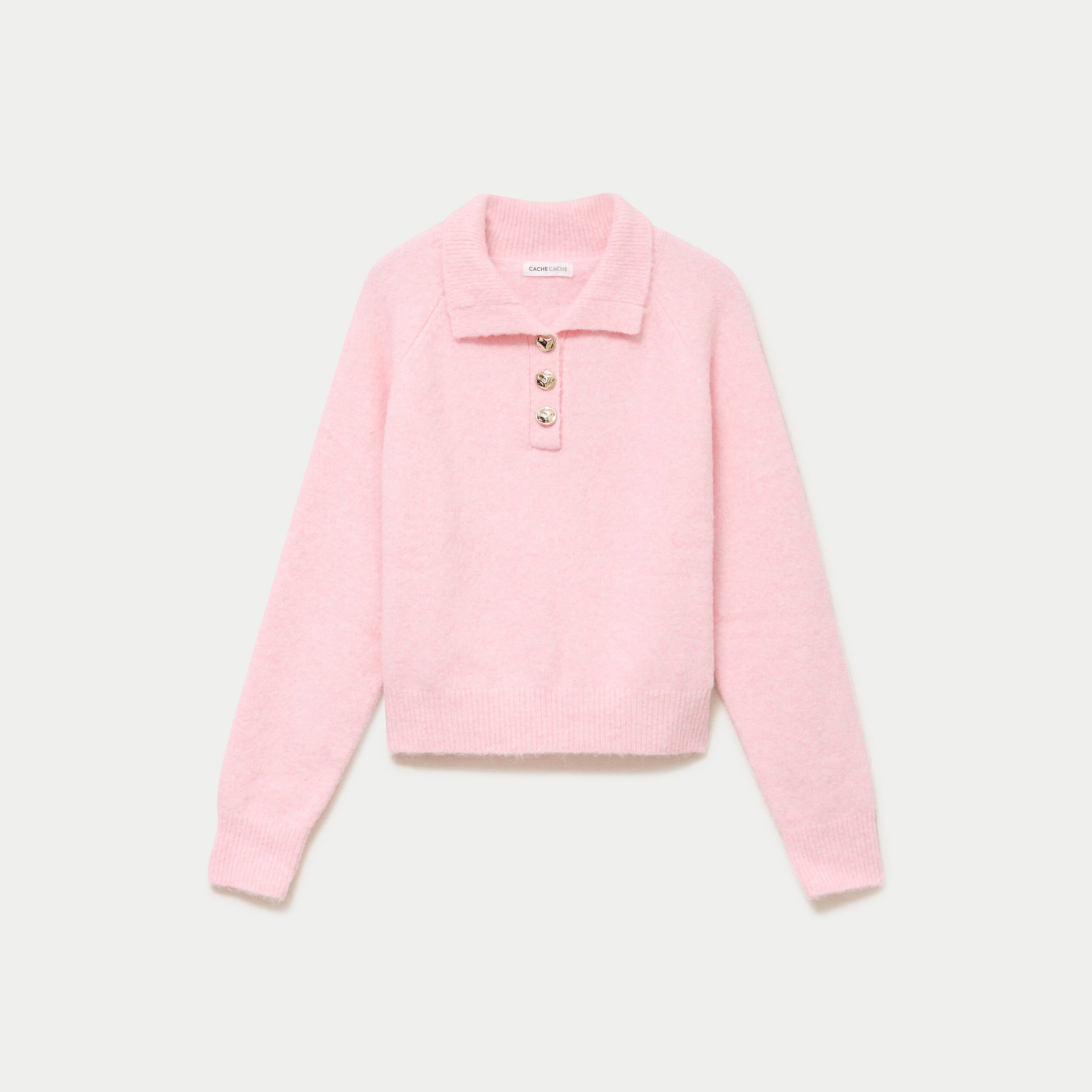 Polo manches longues col chemise rose clair femme