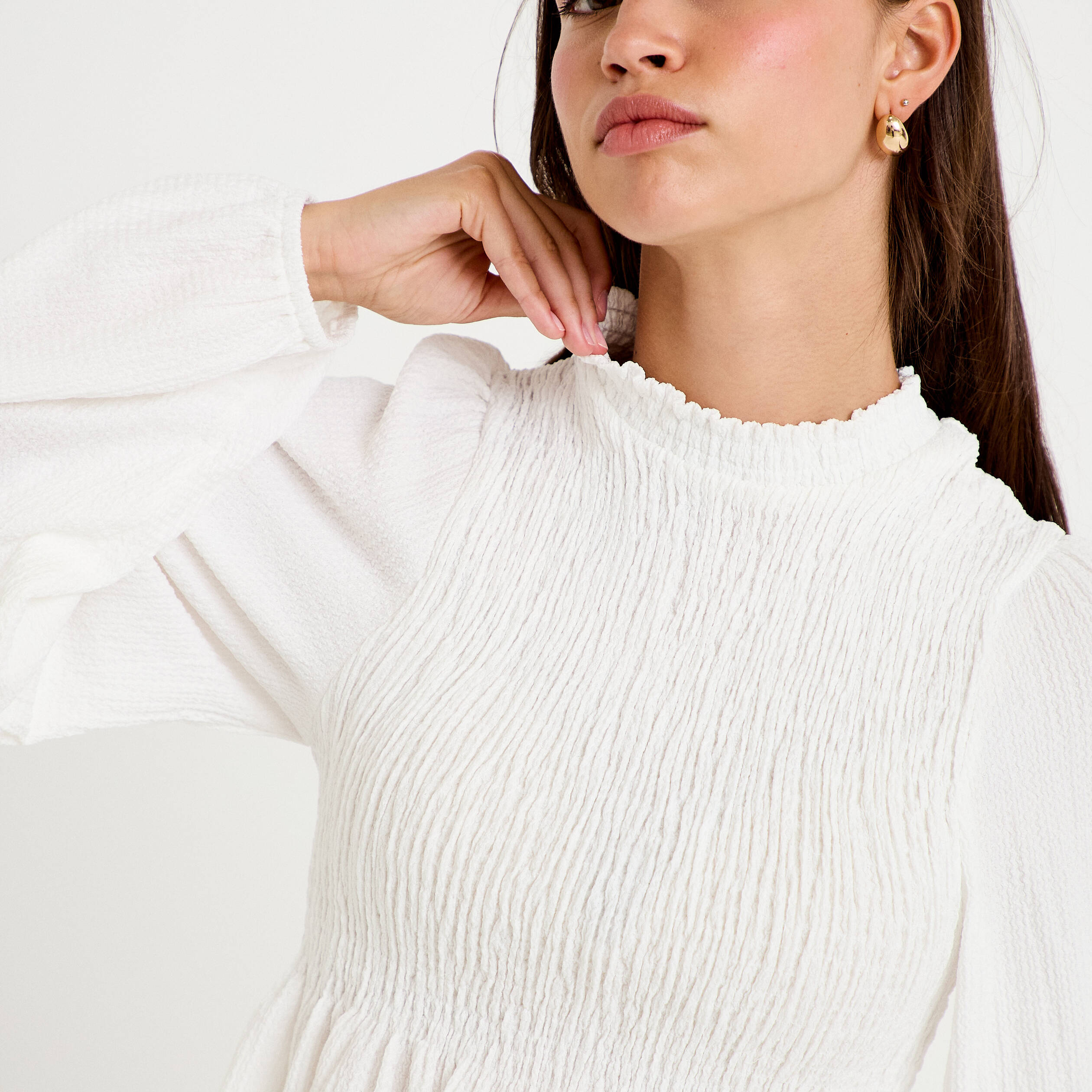 Blouse p&eacute;plum manches longues pliss&eacute;e ecru femme